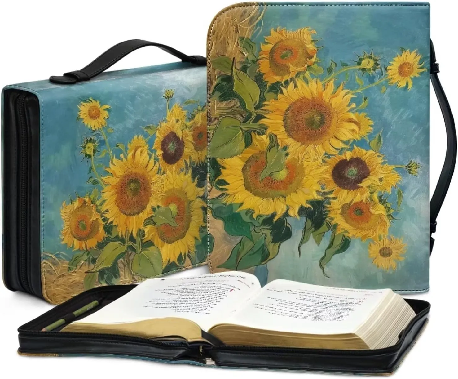 Leather Bible Cover for Women, Bible Holder, Bible Cover Carrier Carrying Organizer Bag, Gift for Women Girl Kid,Van Gogh's Sunflowers,L