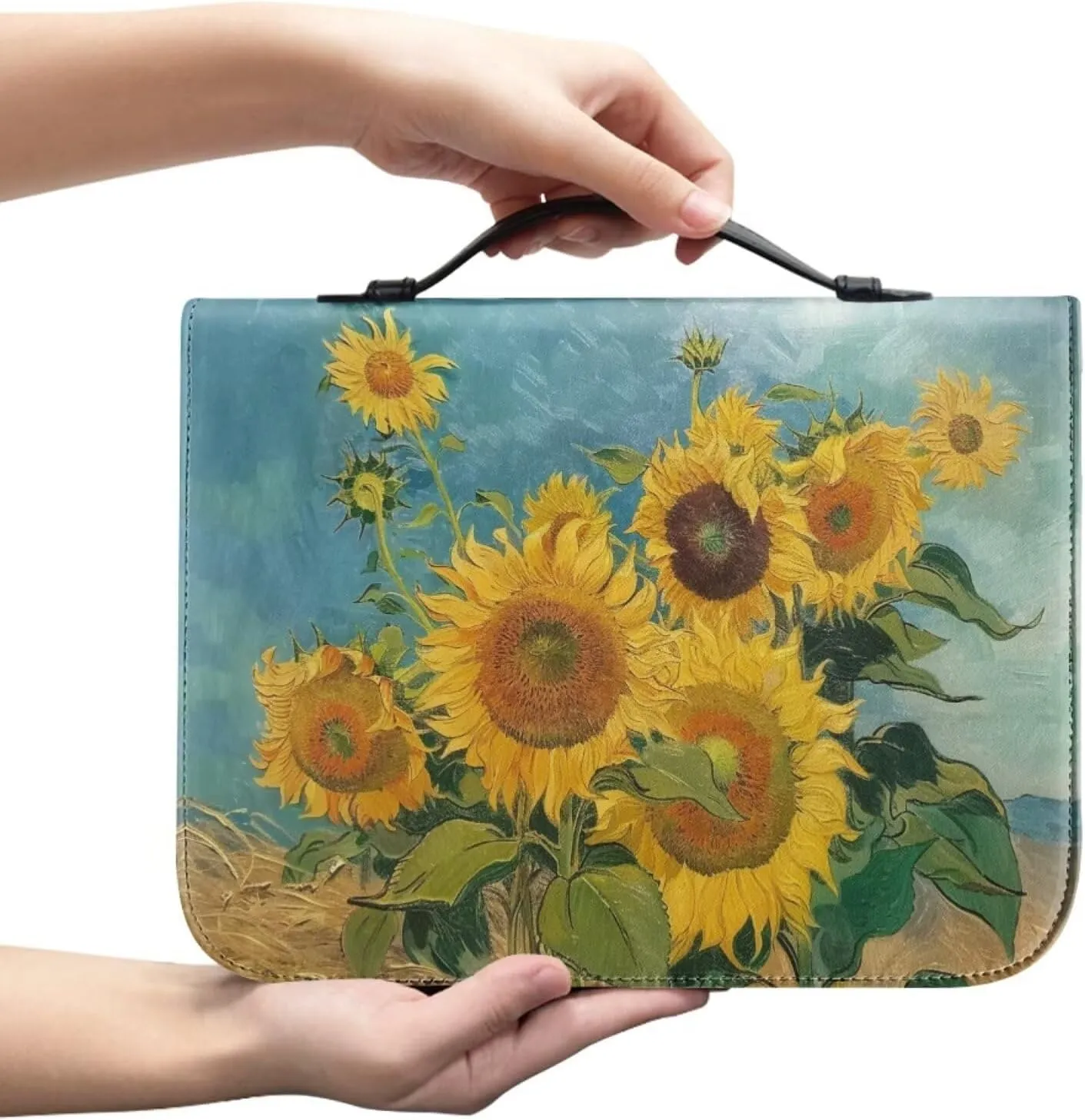 Leather Bible Cover for Women, Bible Holder, Bible Cover Carrier Carrying Organizer Bag, Gift for Women Girl Kid,Van Gogh's Sunflowers,L