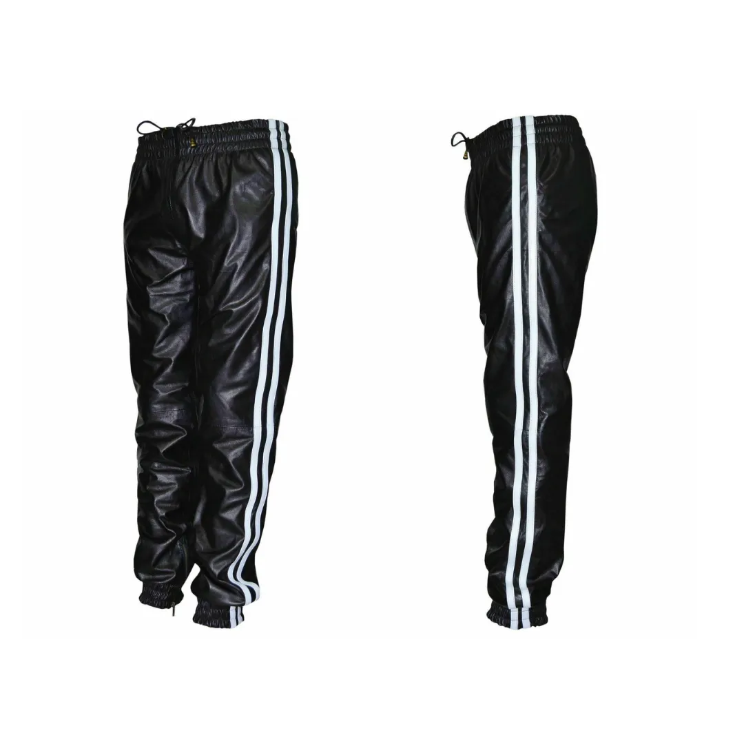 Leather Black Strip Pant Slim Fit Trouser
