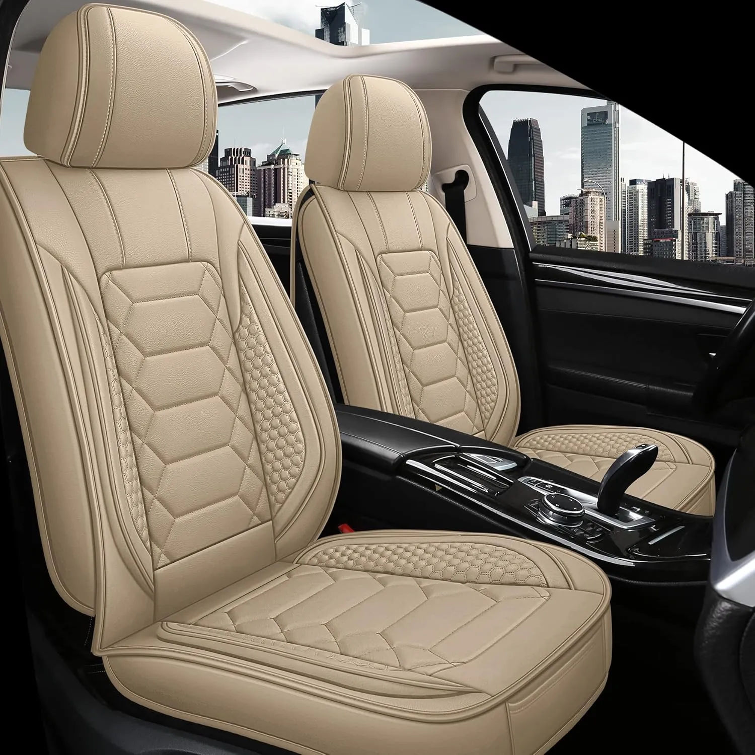 Leather Car Seat Covers Full Set, Waterproof Faux Leather Seat Covers for Cars, Non-Slip Car Interior Covers Universal Fit for Most Cars Sedans Trucks SUVs, Beige