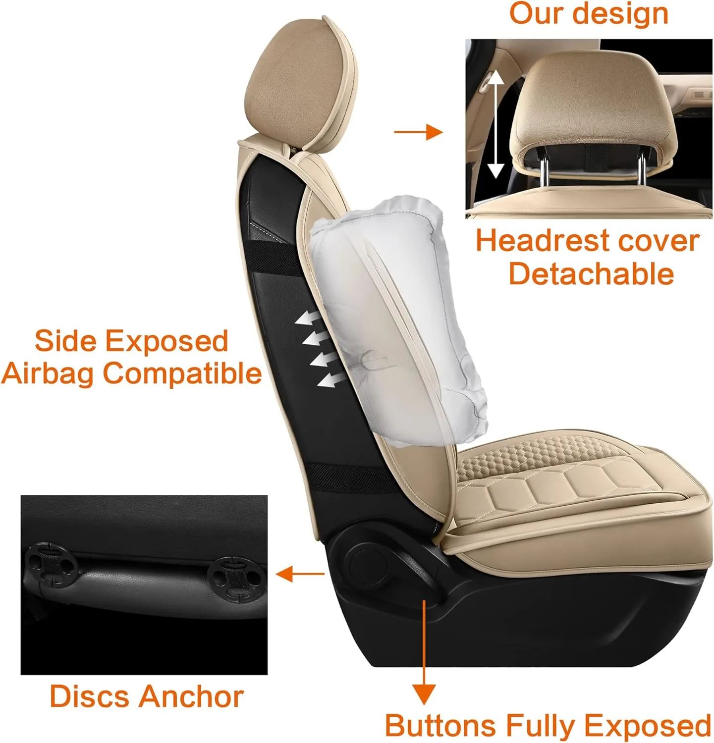 Leather Car Seat Covers Full Set, Waterproof Faux Leather Seat Covers for Cars, Non-Slip Car Interior Covers Universal Fit for Most Cars Sedans Trucks SUVs, Beige