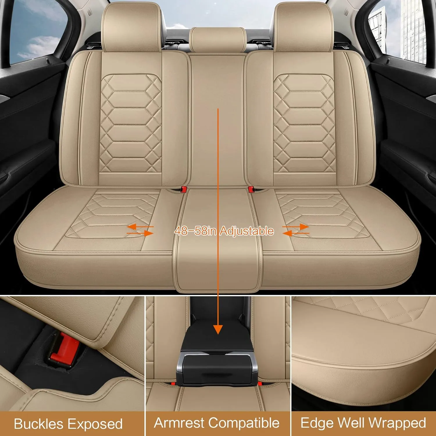 Leather Car Seat Covers Full Set, Waterproof Faux Leather Seat Covers for Cars, Non-Slip Car Interior Covers Universal Fit for Most Cars Sedans Trucks SUVs, Beige