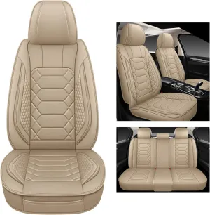 Leather Car Seat Covers Full Set, Waterproof Faux Leather Seat Covers for Cars, Non-Slip Car Interior Covers Universal Fit for Most Cars Sedans Trucks SUVs, Beige
