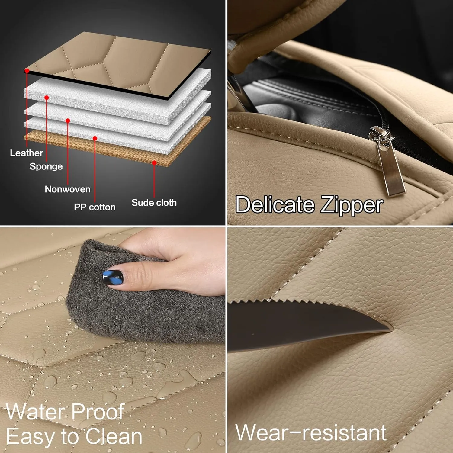 Leather Car Seat Covers Full Set, Waterproof Faux Leather Seat Covers for Cars, Non-Slip Car Interior Covers Universal Fit for Most Cars Sedans Trucks SUVs, Beige