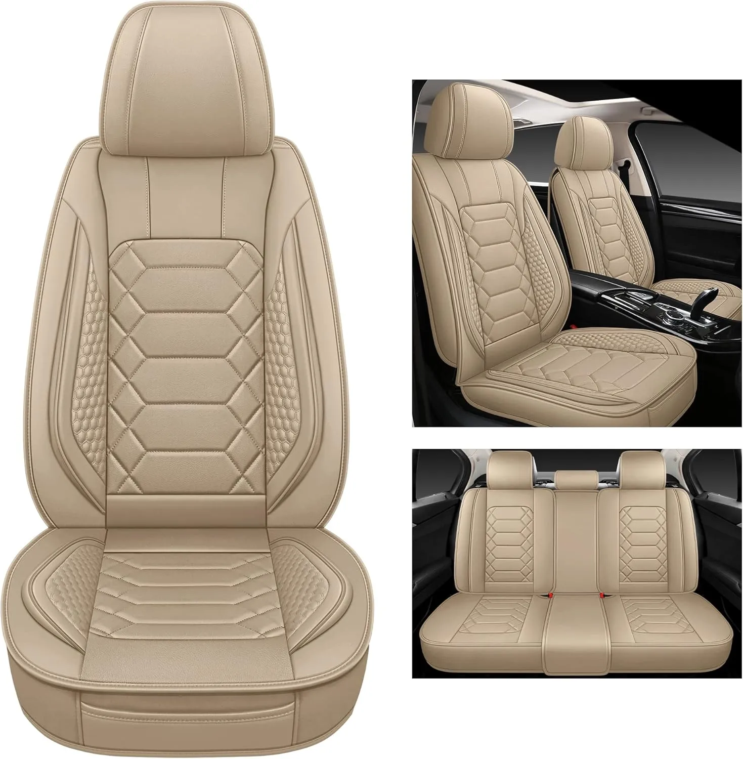 Leather Car Seat Covers Full Set, Waterproof Faux Leather Seat Covers for Cars, Non-Slip Car Interior Covers Universal Fit for Most Cars Sedans Trucks SUVs, Beige