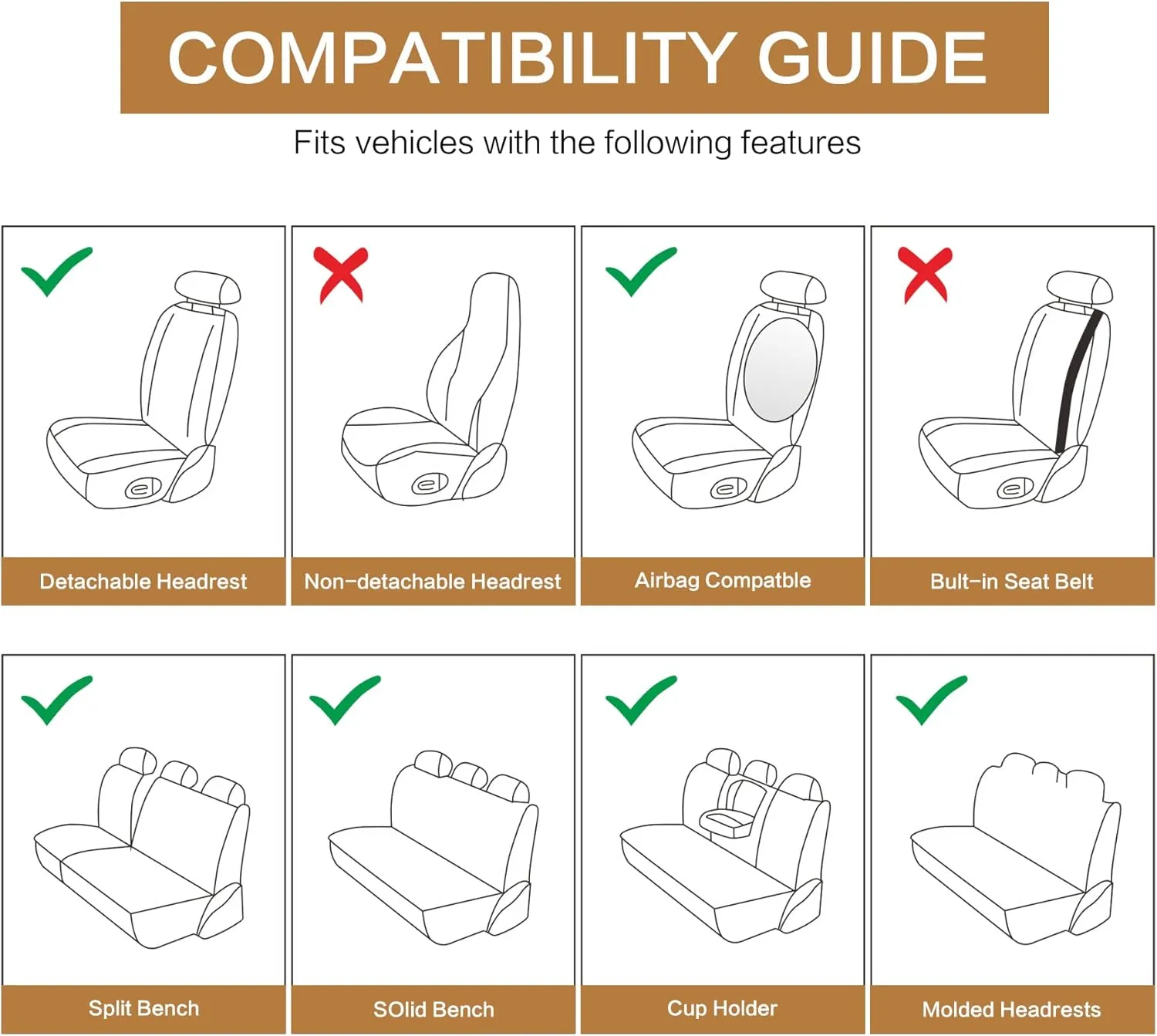 Leather Car Seat Covers Full Set, Waterproof Faux Leather Seat Covers for Cars, Non-Slip Car Interior Covers Universal Fit for Most Cars Sedans Trucks SUVs, Beige