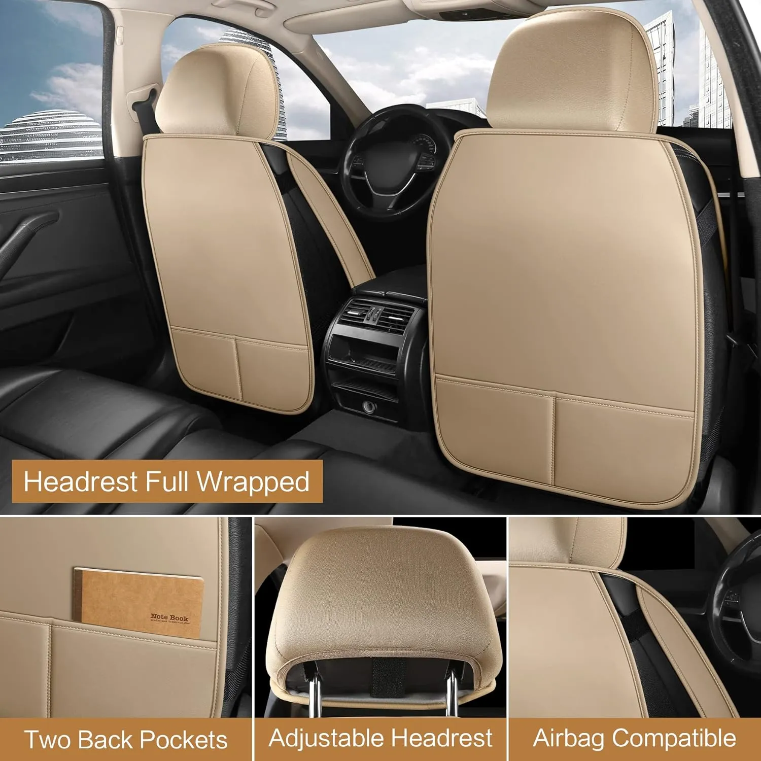 Leather Car Seat Covers Full Set, Waterproof Faux Leather Seat Covers for Cars, Non-Slip Car Interior Covers Universal Fit for Most Cars Sedans Trucks SUVs, Beige