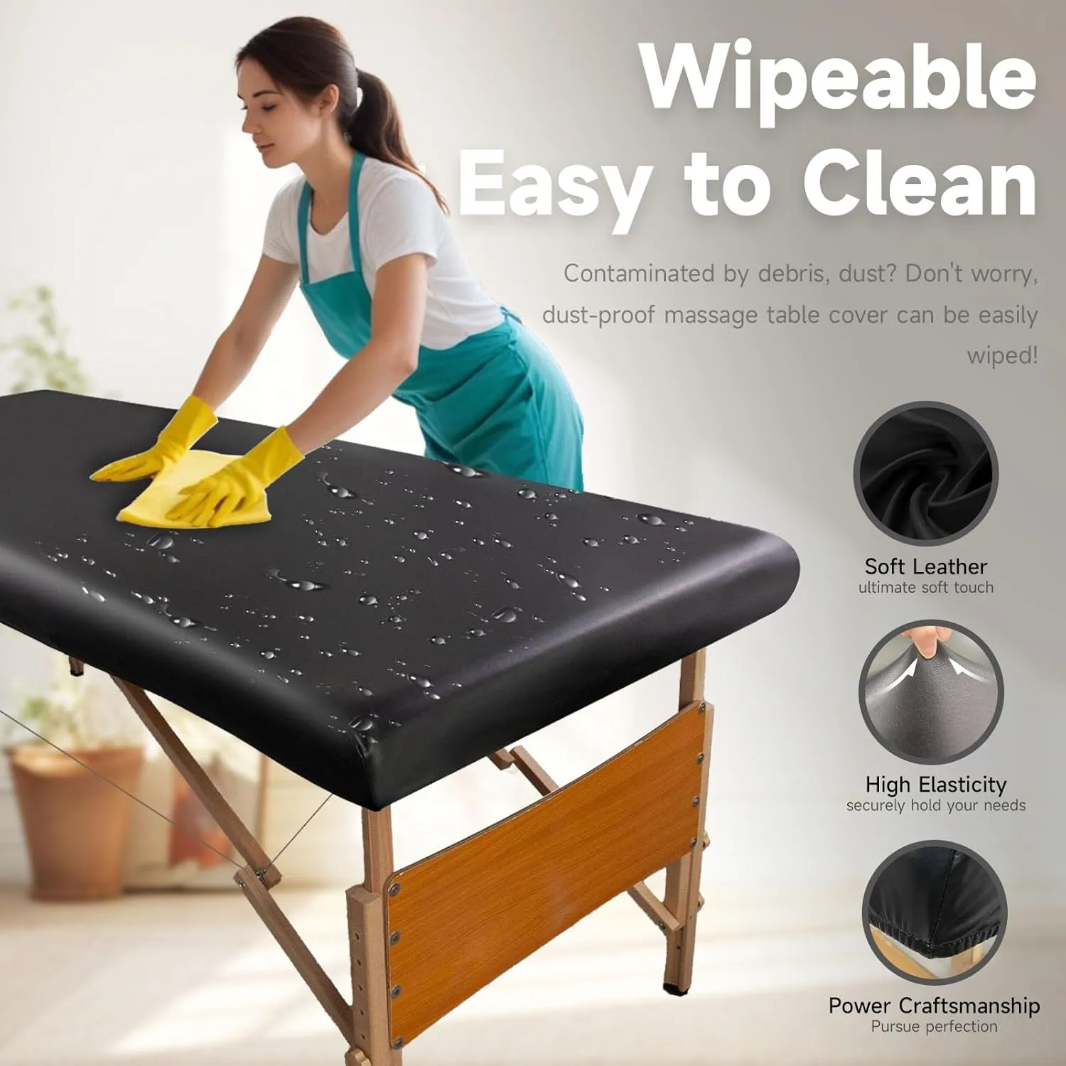 Leather Cover for Massage Table Wipeable Massage Bed Protector Cover Made of 4-Ways Elastic 100% PU Waterproof Material, Machine Washable, Fit Rectangular Tables 28-32" Wide (Black)