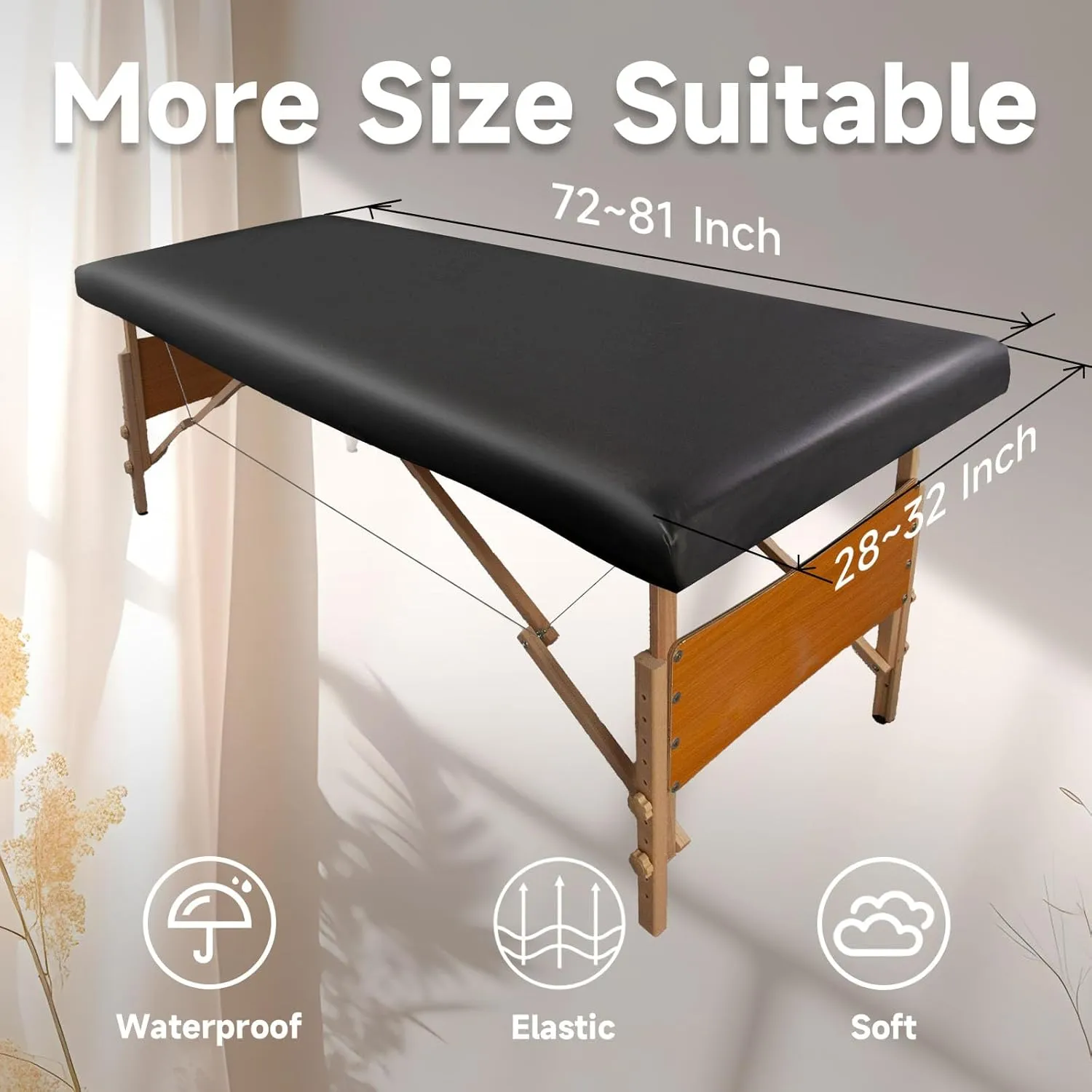 Leather Cover for Massage Table Wipeable Massage Bed Protector Cover Made of 4-Ways Elastic 100% PU Waterproof Material, Machine Washable, Fit Rectangular Tables 28-32" Wide (Black)