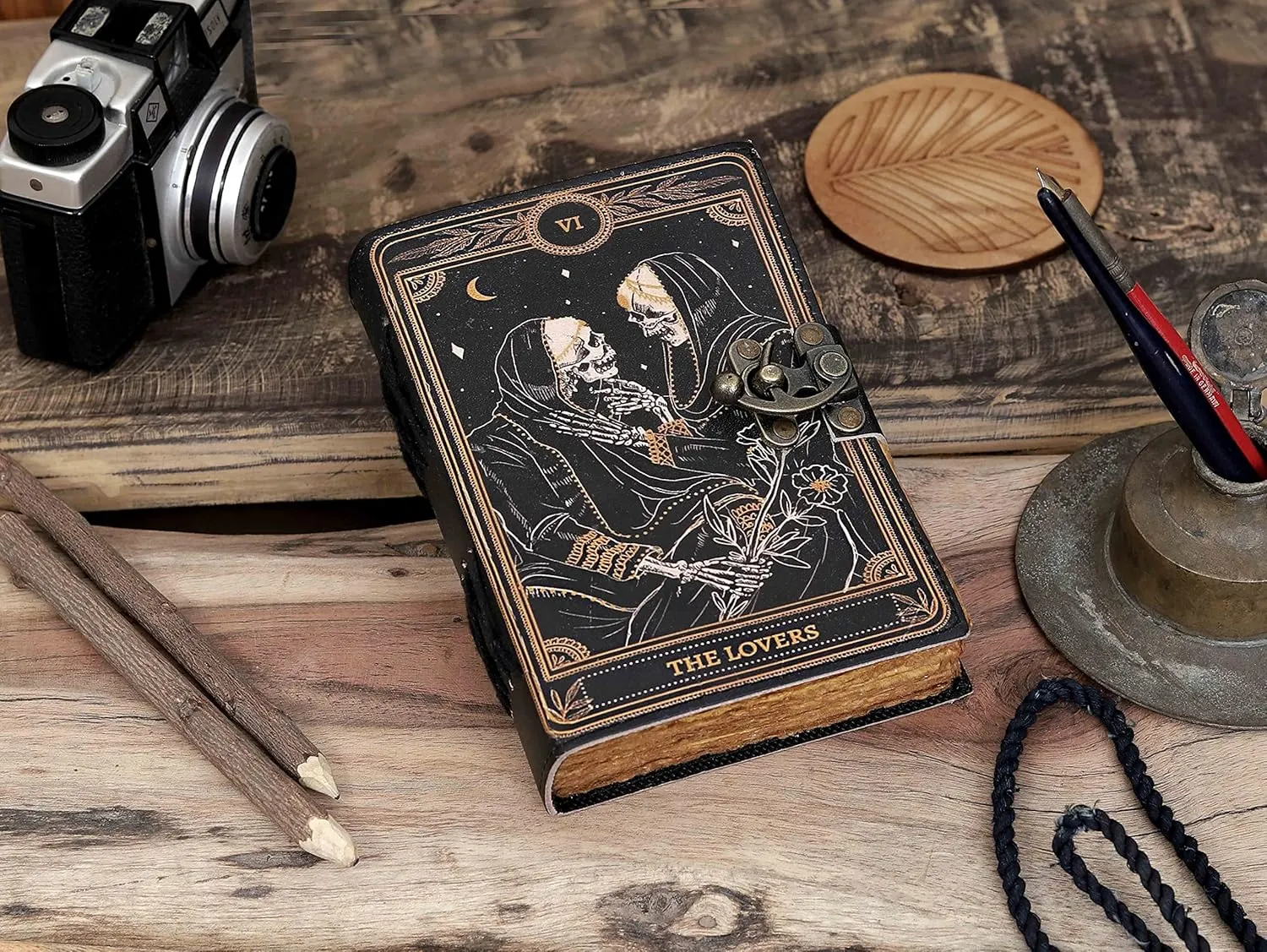 Leather Journal Deckle Edge Paper Grimoire Printed Journal The Lovers Tarot Notebook
