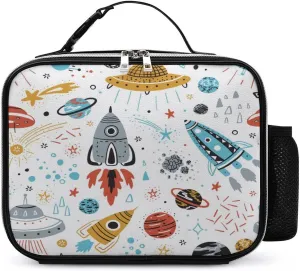 Leather Lunch Meal Bag with Buckled Handle, Lunchbox Bag Thermal Insulated Cooler Leakproof Picnic 10.6x3.5x8.3 in Print Colorful Rockets, Planets, Stars, Comets Seamless on White