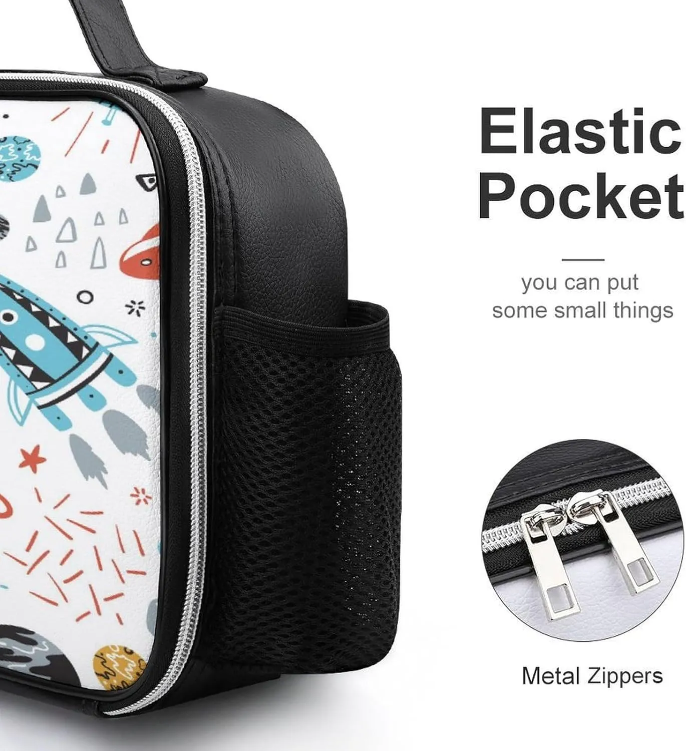 Leather Lunch Meal Bag with Buckled Handle, Lunchbox Bag Thermal Insulated Cooler Leakproof Picnic 10.6x3.5x8.3 in Print Colorful Rockets, Planets, Stars, Comets Seamless on White