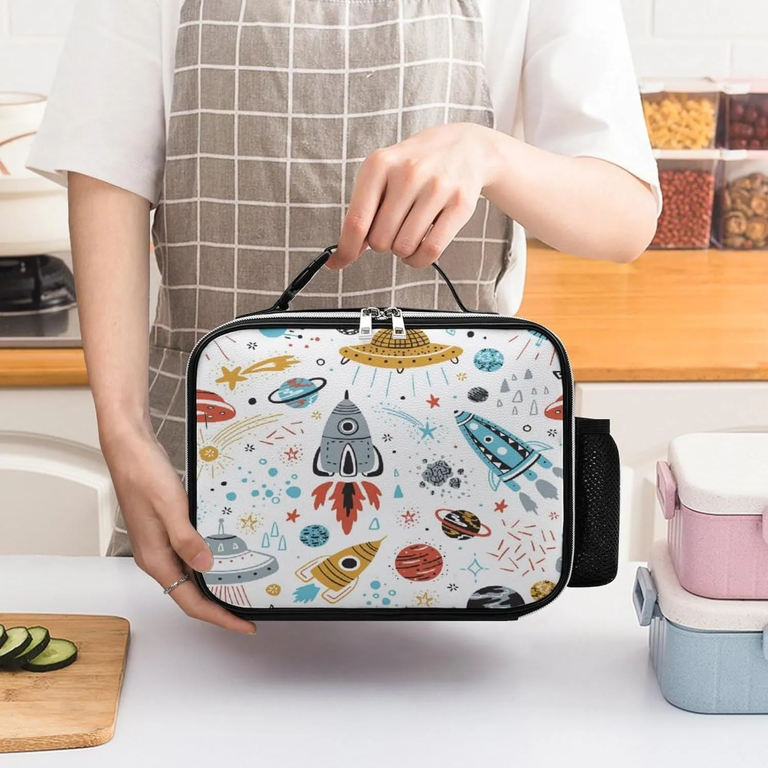 Leather Lunch Meal Bag with Buckled Handle, Lunchbox Bag Thermal Insulated Cooler Leakproof Picnic 10.6x3.5x8.3 in Print Colorful Rockets, Planets, Stars, Comets Seamless on White
