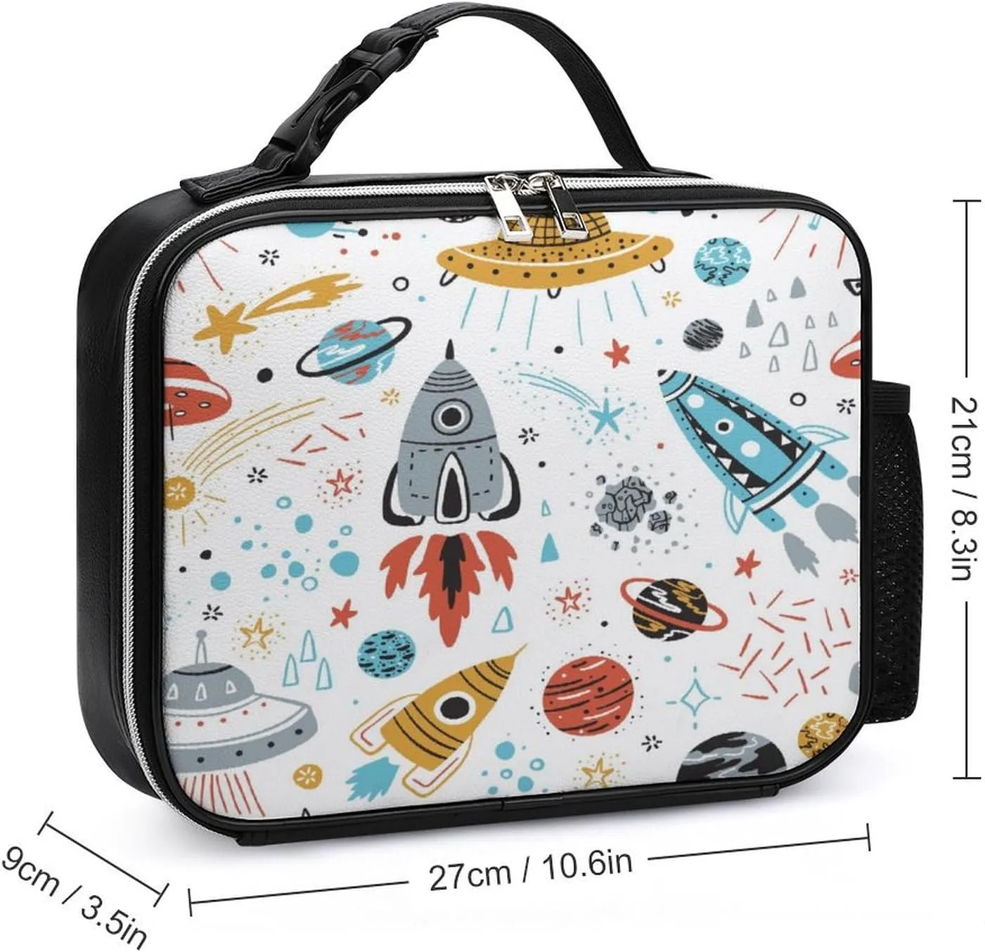 Leather Lunch Meal Bag with Buckled Handle, Lunchbox Bag Thermal Insulated Cooler Leakproof Picnic 10.6x3.5x8.3 in Print Colorful Rockets, Planets, Stars, Comets Seamless on White