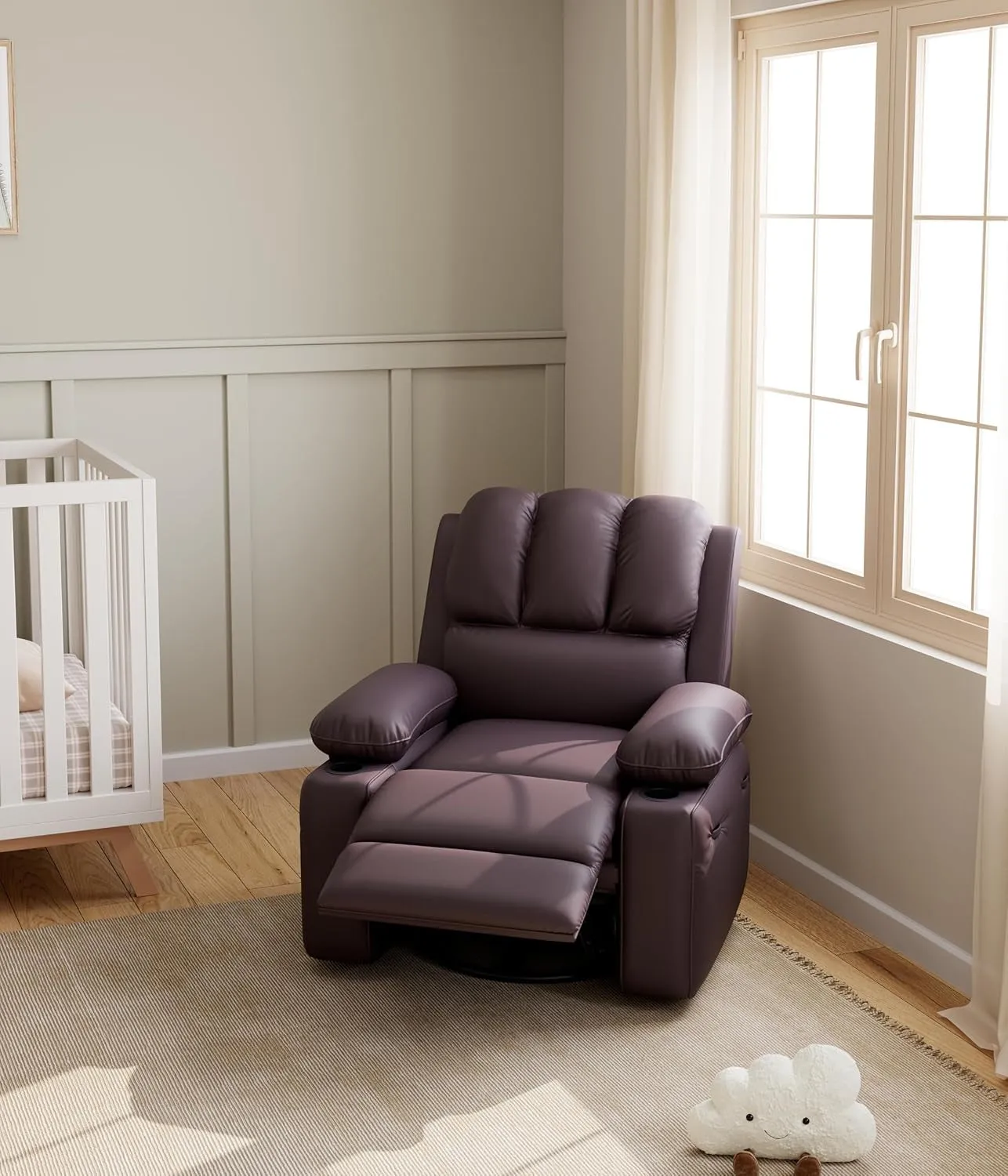 Leather Recliner Chair, Manual Recliner W/Comfortable Arms and Cup