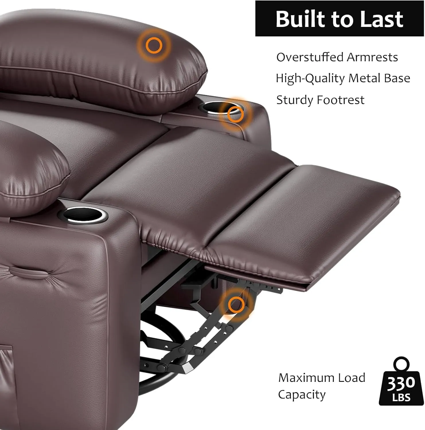 Leather Recliner Chair, Manual Recliner W/Comfortable Arms and Cup
