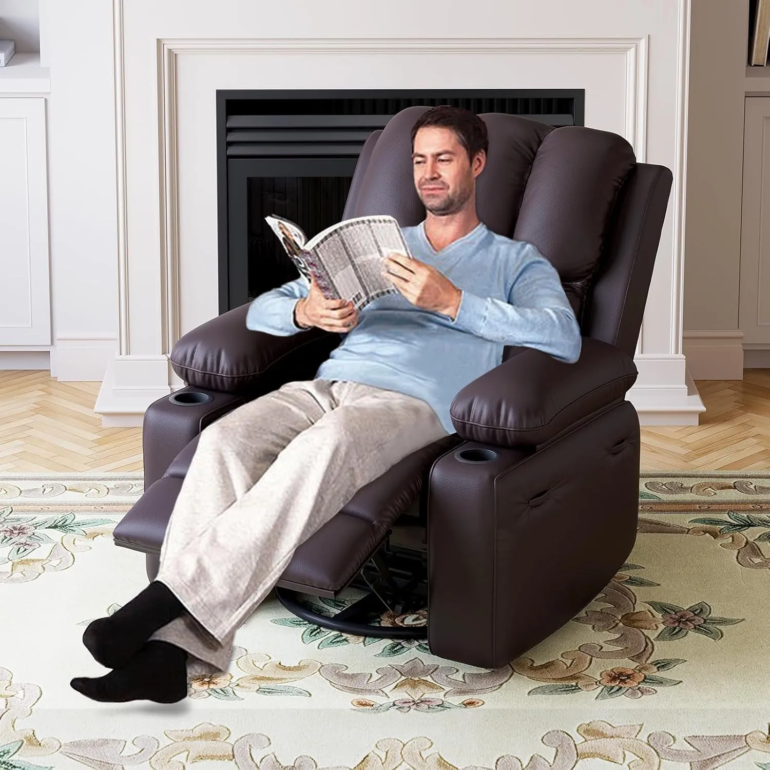 Leather Recliner Chair, Manual Recliner W/Comfortable Arms and Cup
