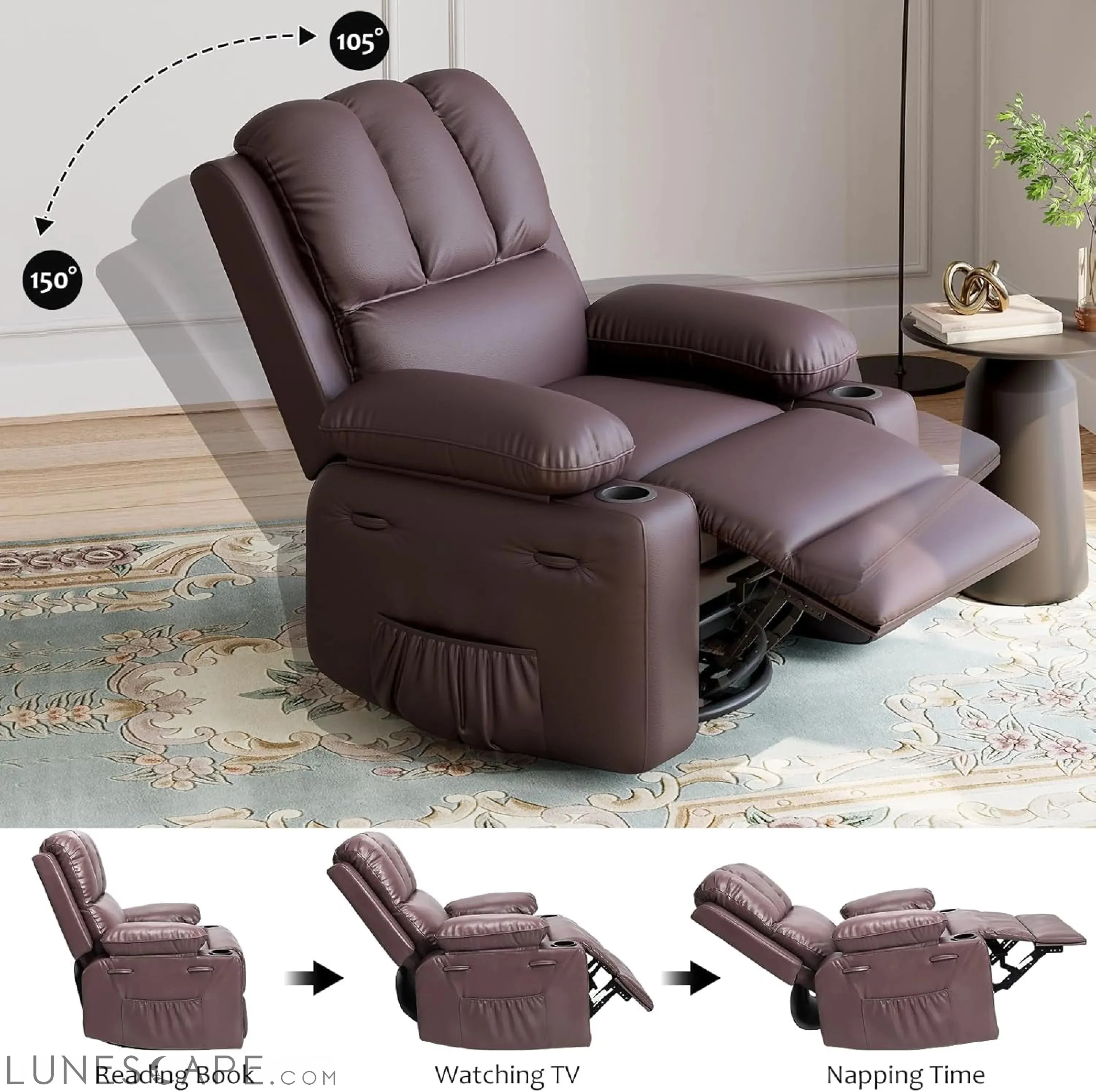 Leather Recliner Chair, Manual Recliner W/Comfortable Arms and Cup