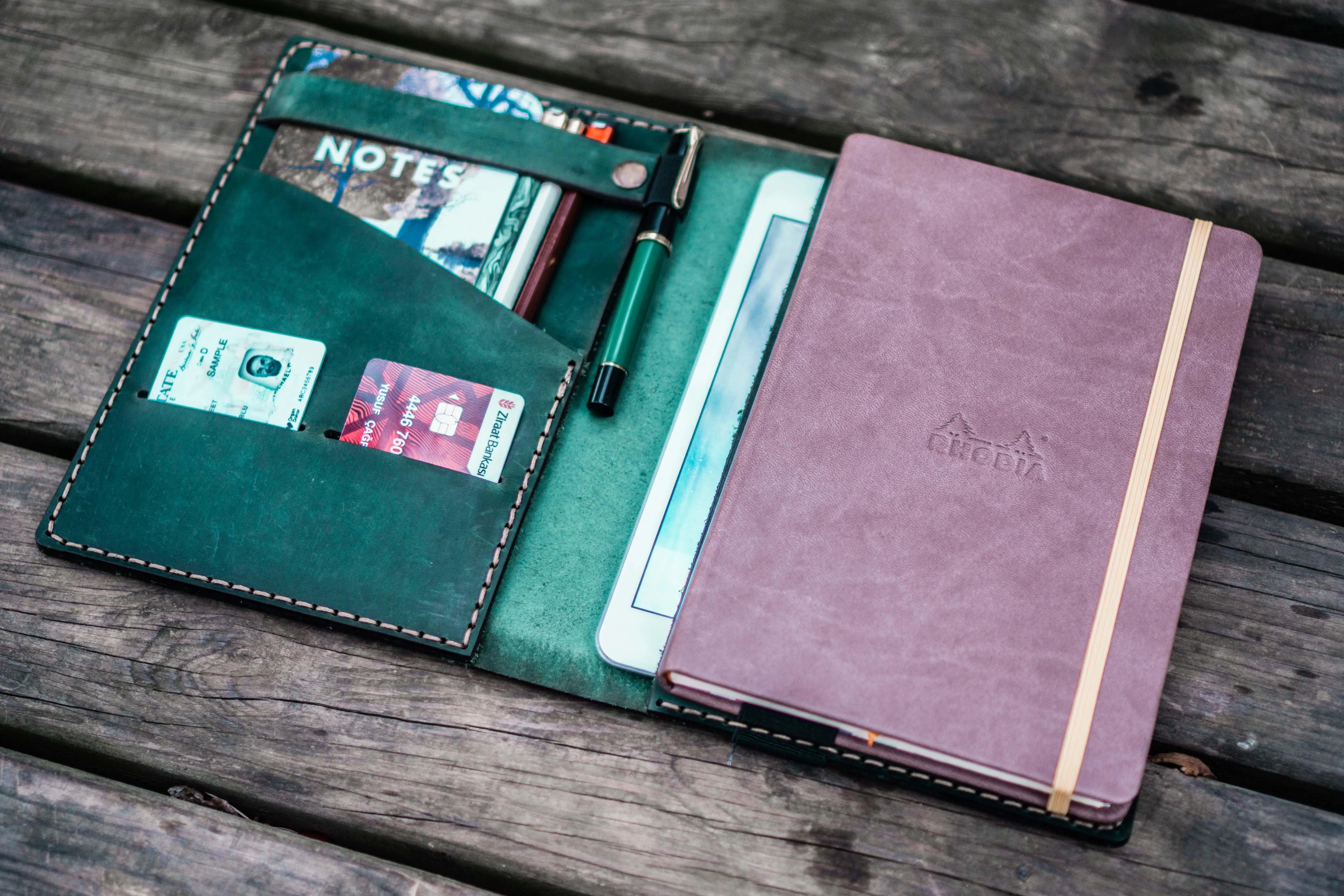 Leather Rhodia A5 Notebook & iPad Mini Cover - Crazy Horse Forest Green