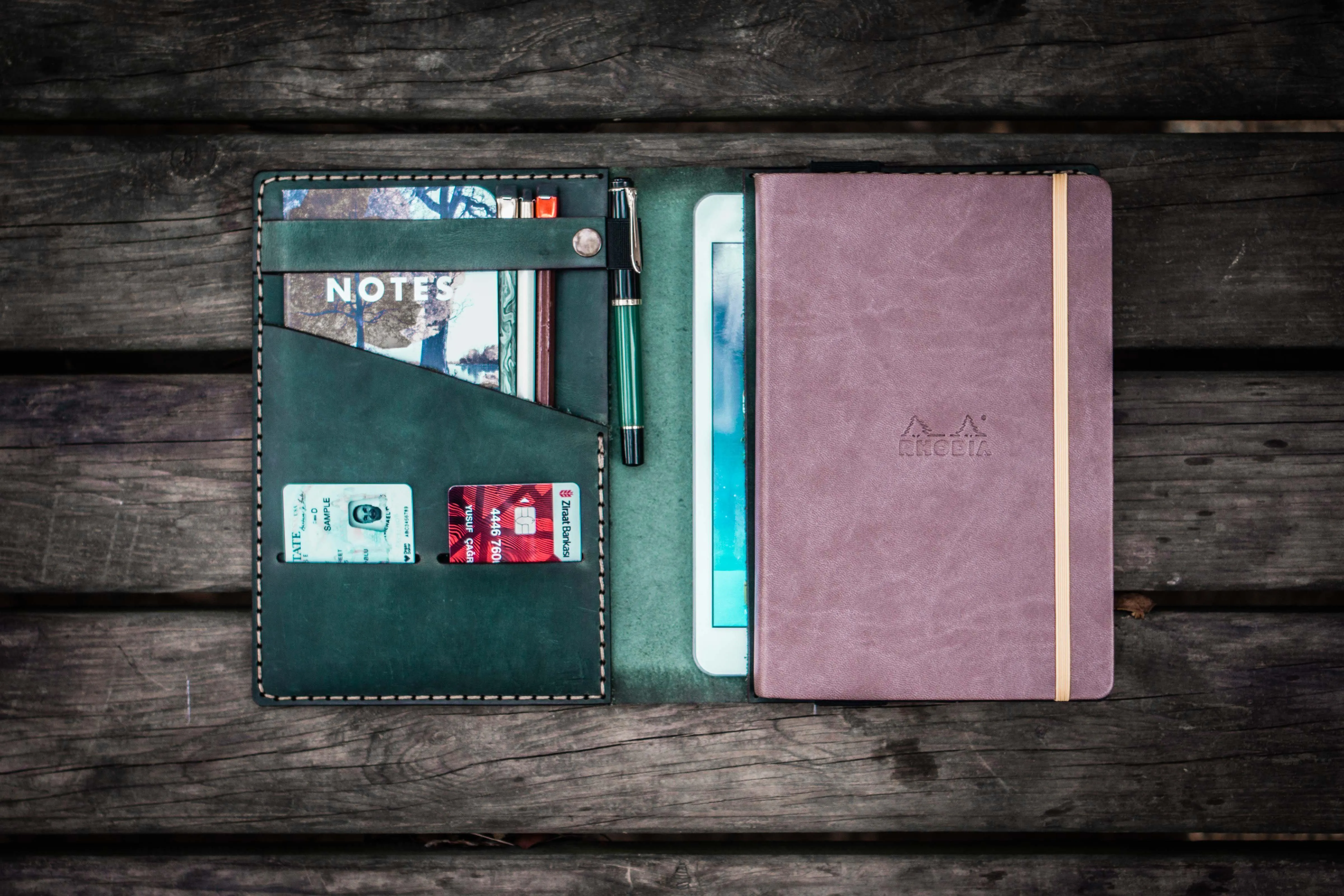 Leather Rhodia A5 Notebook & iPad Mini Cover - Crazy Horse Forest Green