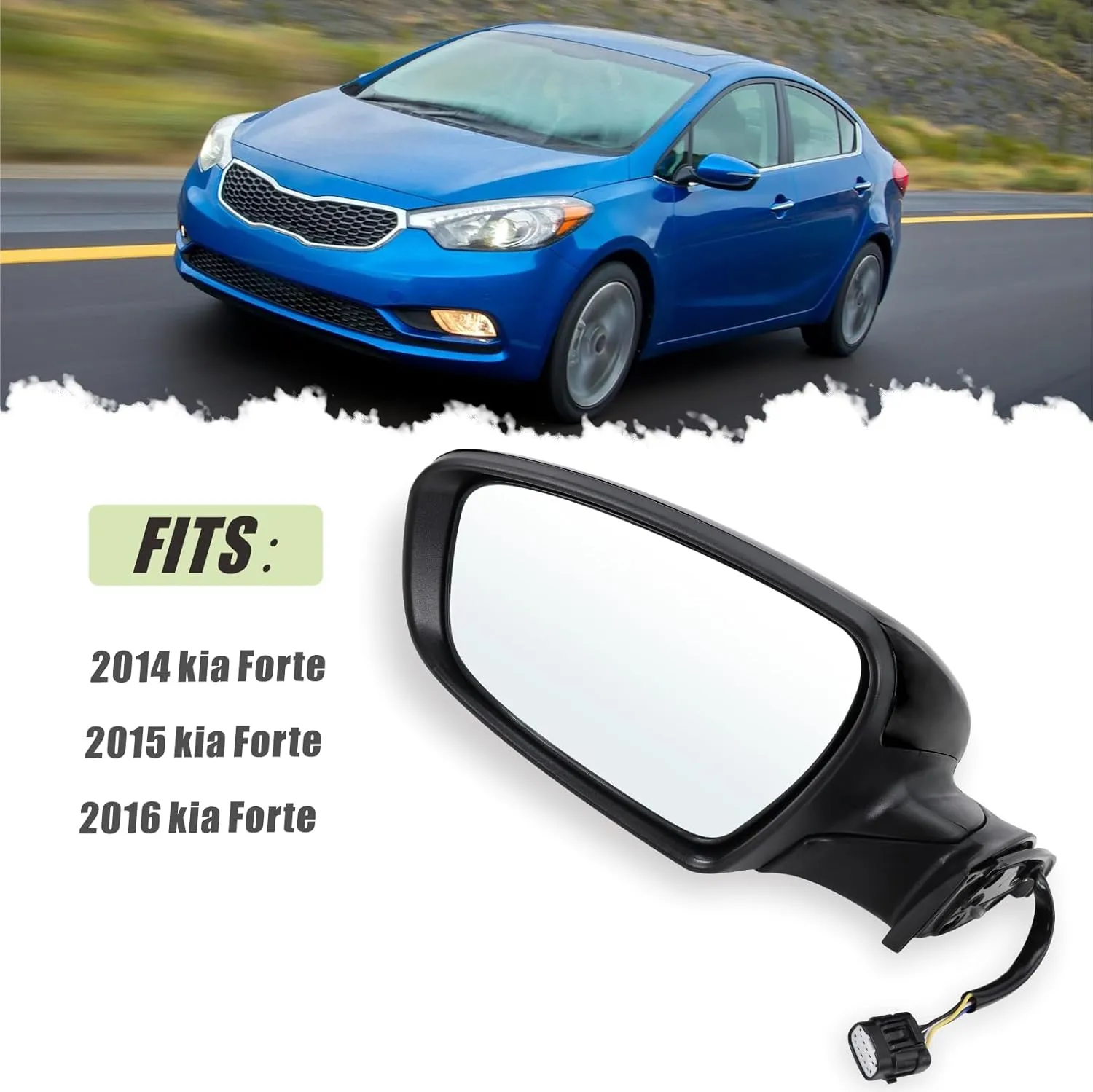 Left Driver side Mirror Compatible with 2014 2015 2016 Kia Forte with Manual Folding power glass Heated with turn signal Black Replace# KI1320182(6 Pins)