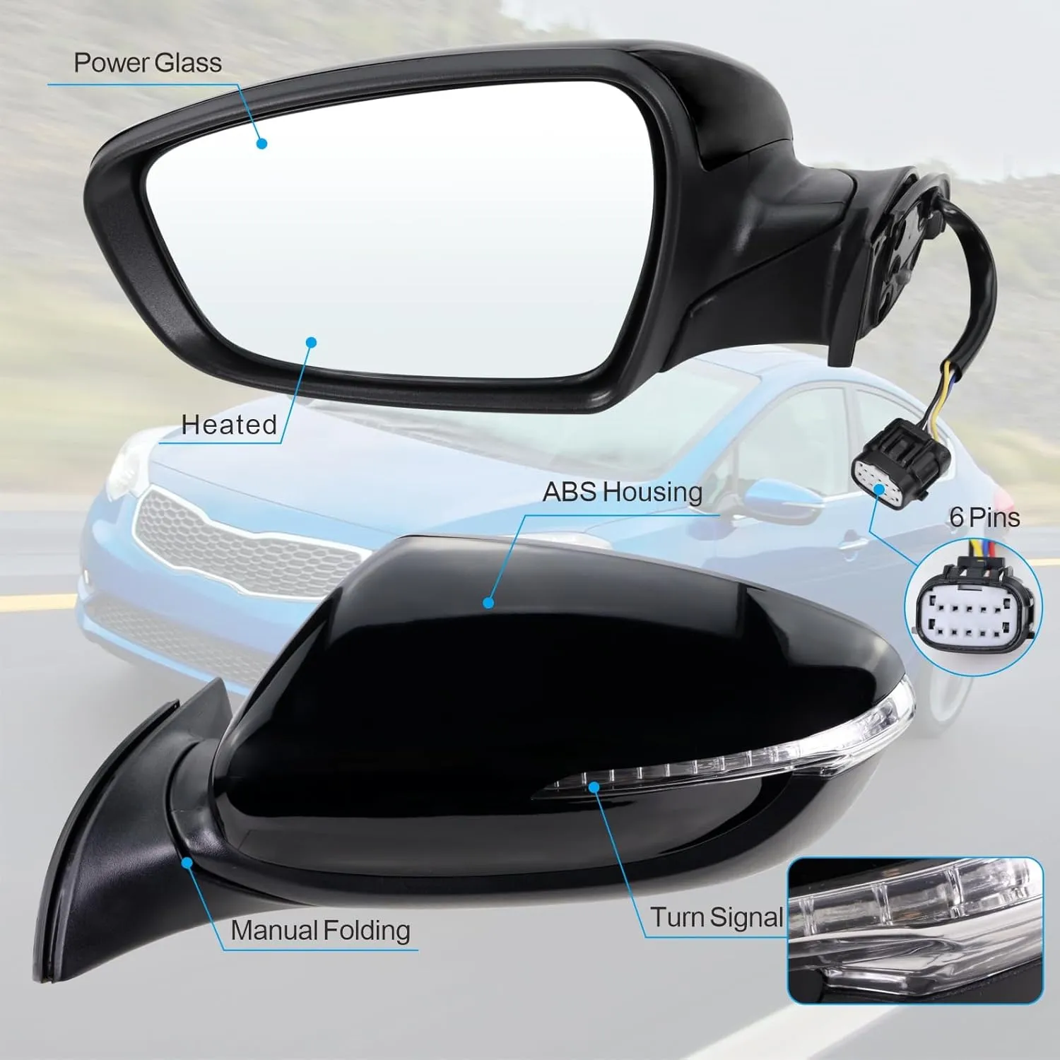 Left Driver side Mirror Compatible with 2014 2015 2016 Kia Forte with Manual Folding power glass Heated with turn signal Black Replace# KI1320182(6 Pins)