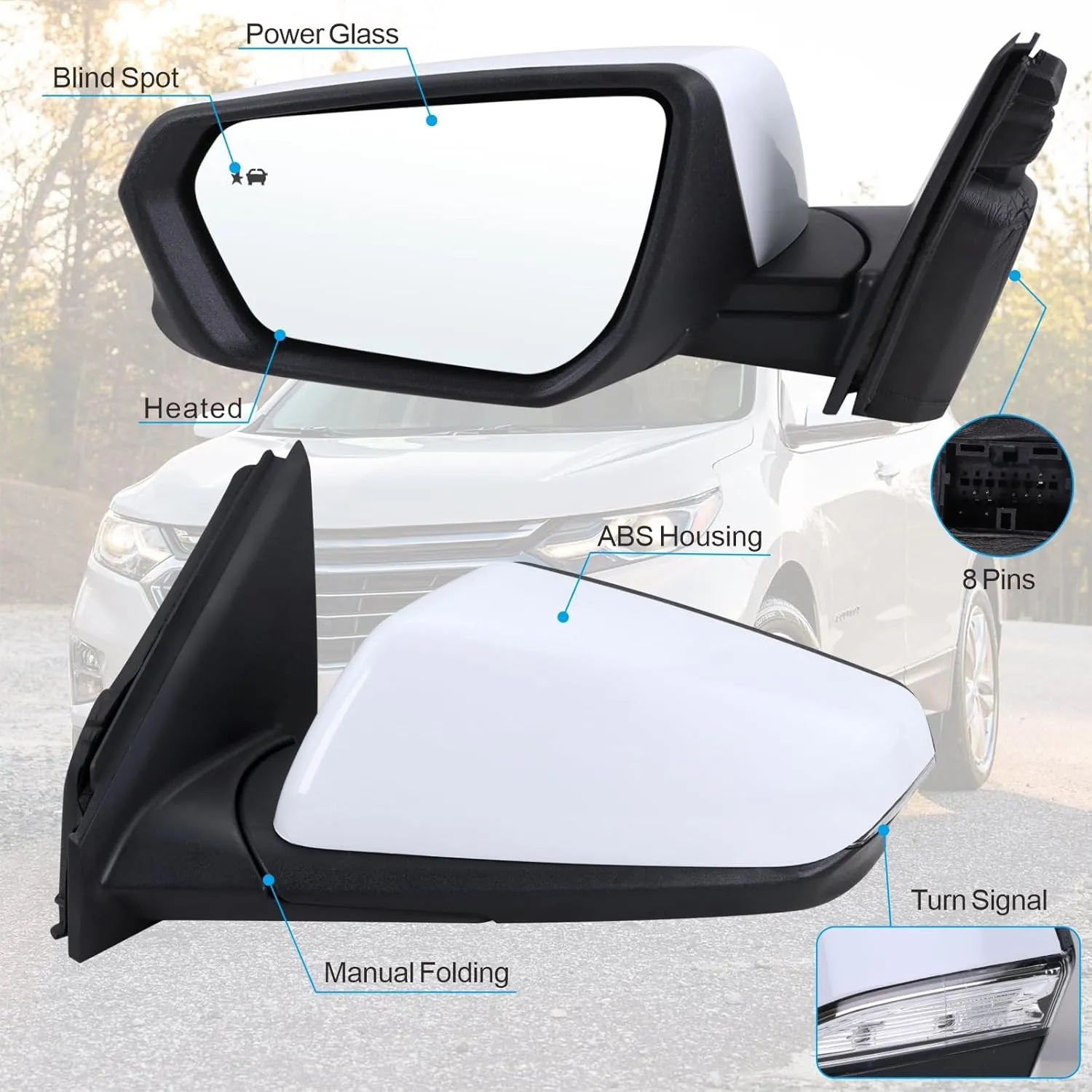 Left Driver Side Mirror Compatible With 2018 2019 2020 2021 2022 2023 2024 Chevy Equinox GMC Terrain With Power Glass Heated Turn Signal Blind Spot White Replaces#84225386(8 Pins)