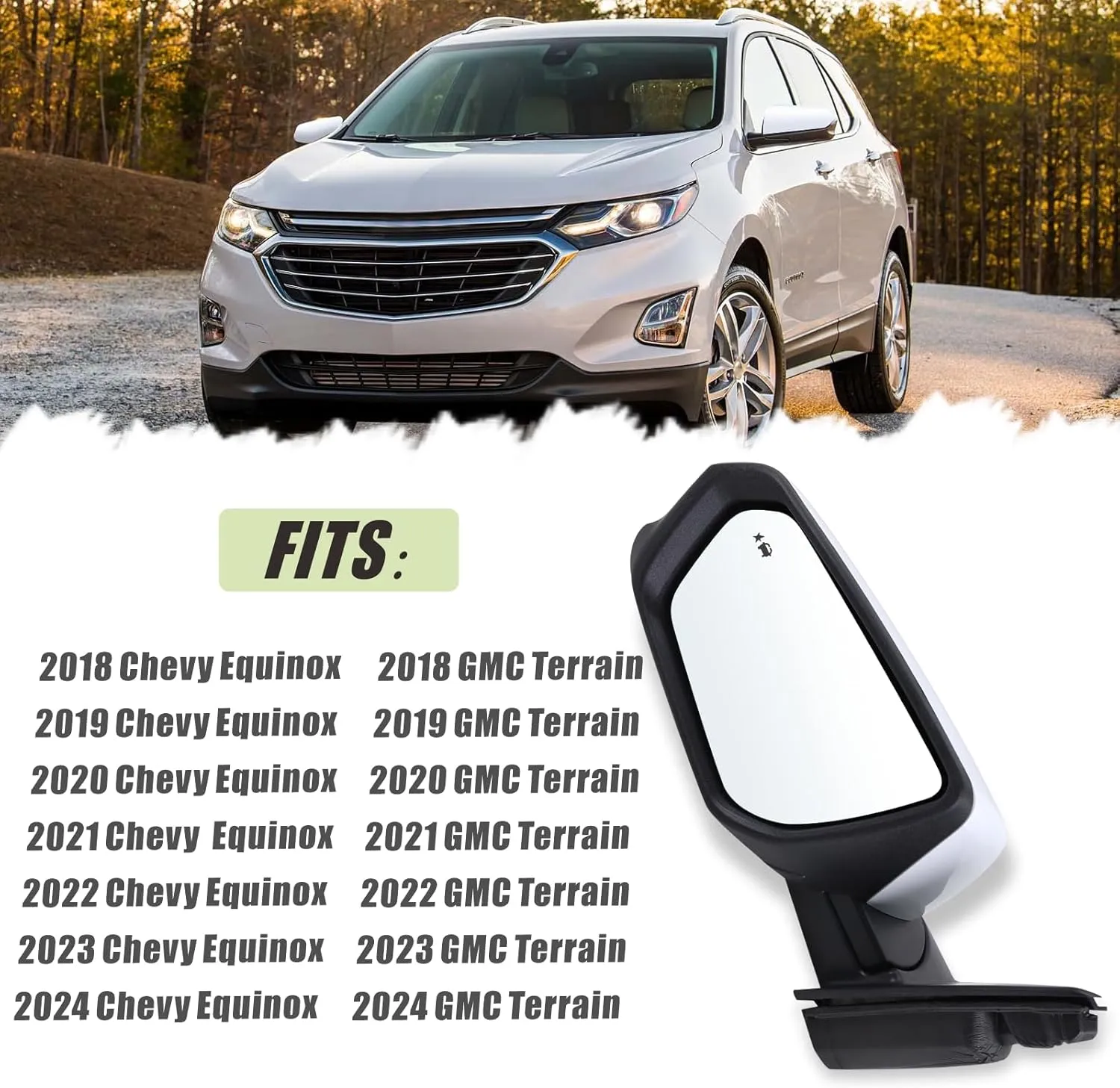 Left Driver Side Mirror Compatible With 2018 2019 2020 2021 2022 2023 2024 Chevy Equinox GMC Terrain With Power Glass Heated Turn Signal Blind Spot White Replaces#84225386(8 Pins)