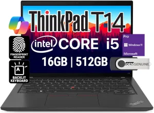 Lenovo ThinkPad T14 Business Laptop (14" FHD  IPS, Intel 10 Core i5-1335U, 16GB RAM, 512GB SSD) 5MP Webcam, 2 Thunderbolt 4, 2024 AI PC, Win 11 Pro w/USB Drive