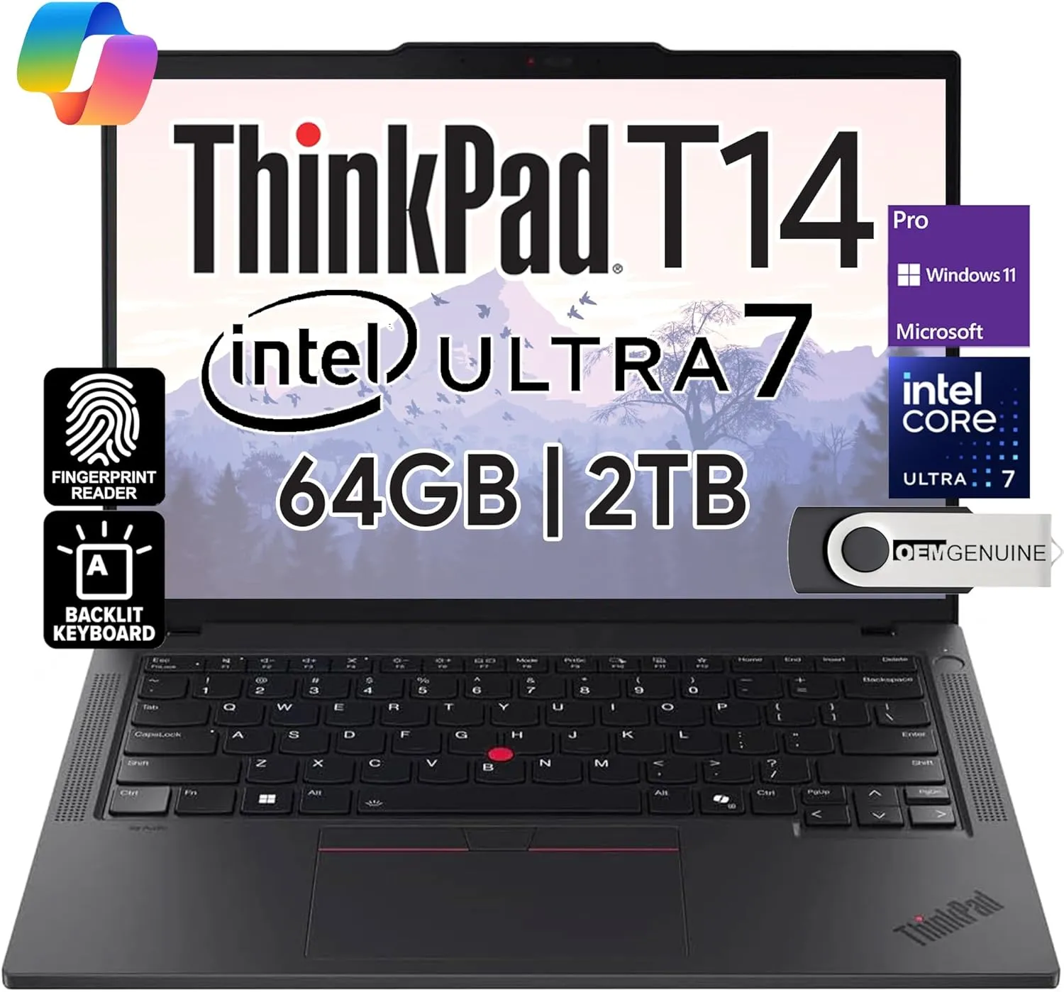 Lenovo ThinkPad T14 Business Laptop (14" FHD  IPS, Intel Ultra 7 155U, 64GB DDR5 RAM, 2TB SSD), 5MP HD Webcam, 2 Thunderbolt 4, Wi-Fi 6E AI PC, Win 11 Pro