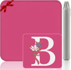 Letter B Embroidery Mahjong Mat - Personalized Noise Reduction Game Mat 32.4x32.4 Inch for Board Games/Poker/Mahjong, Gift Ready (Pink)