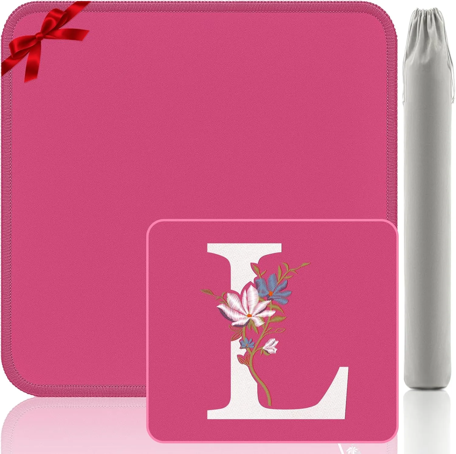 Letter L Gaming Mat - Embroidery Mahjong Mat 32.4x32.4 Inch, Pink Gift-Quality Surface for Mahjong/Board Games (Monogram L Design)