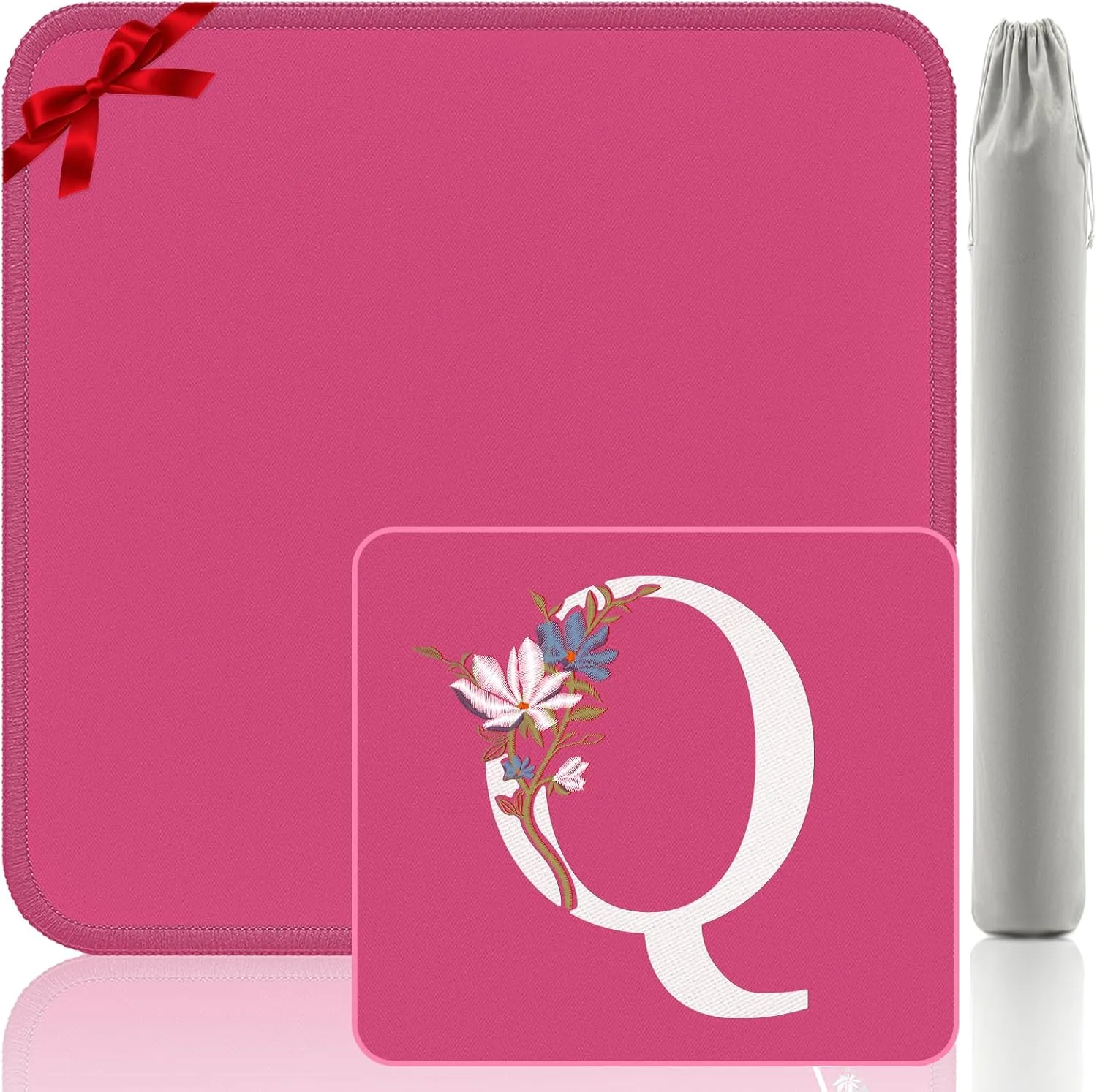 Letter Q Gaming Mat - Embroidery Mahjong Mat 32.4x32.4 Inch, Pink Non-Slip Gift for Card Games/Mahjong Nights (Custom Q)