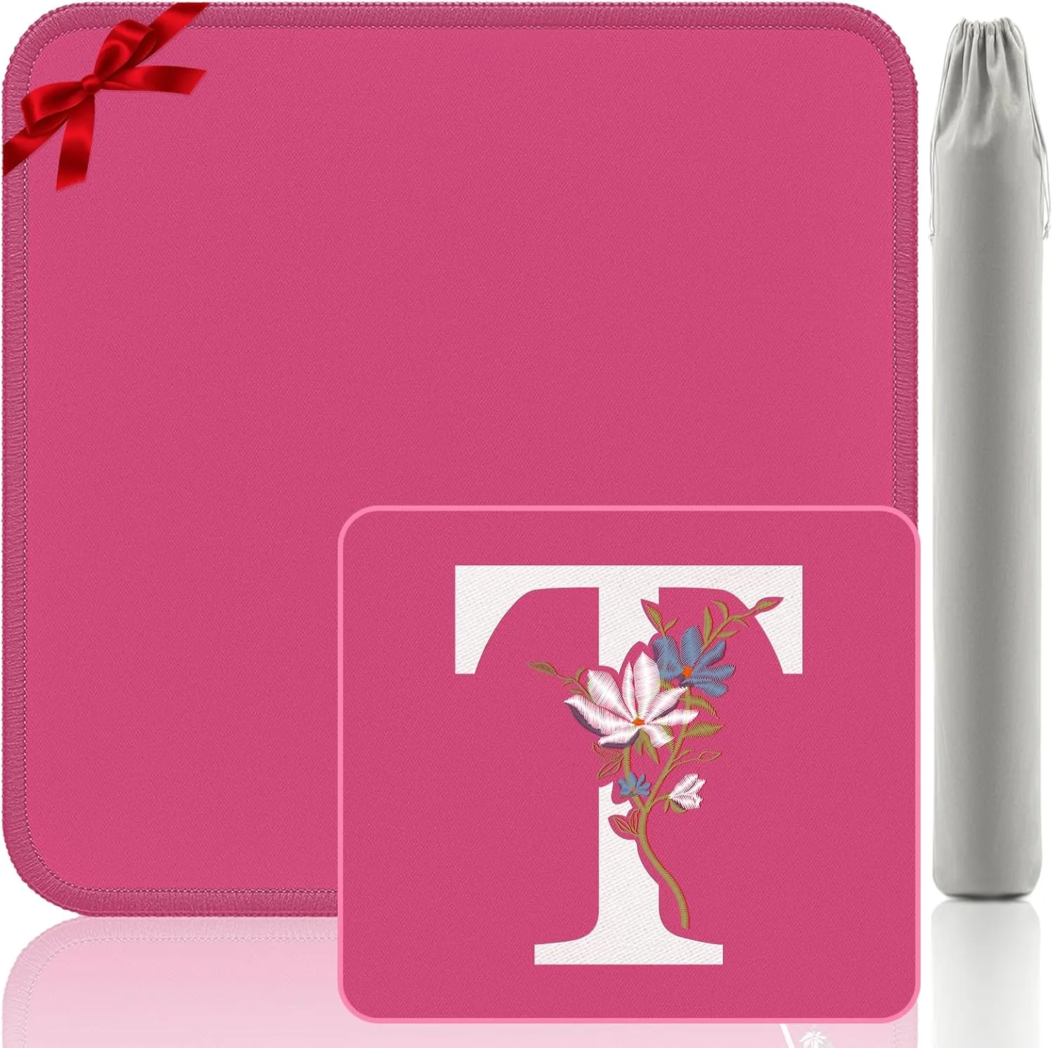 Letter T Mahjong Mat - Gift-Quality Embroidery Game Mat 32.4x32.4 Inch, Pink Noise Reduction for Board Games (Monogram T)