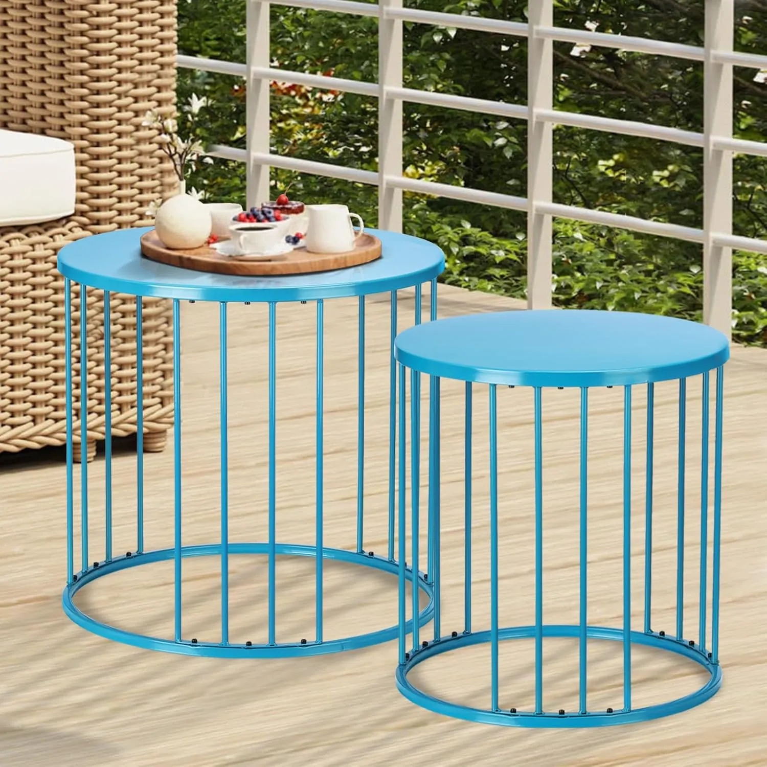 LEWIS&WAYNE Outdoor Side Table Set of 2, Metal Circle Accent End Tables for Balcony Backyard Garden Indoor Living Room, Durable Blue Nesting Coffee Tables, 20” 16” Dia