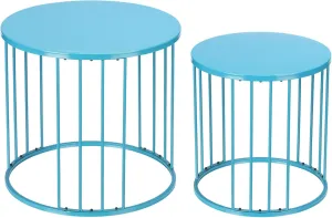 LEWIS&WAYNE Outdoor Side Table Set of 2, Metal Circle Accent End Tables for Balcony Backyard Garden Indoor Living Room, Durable Blue Nesting Coffee Tables, 20” 16” Dia