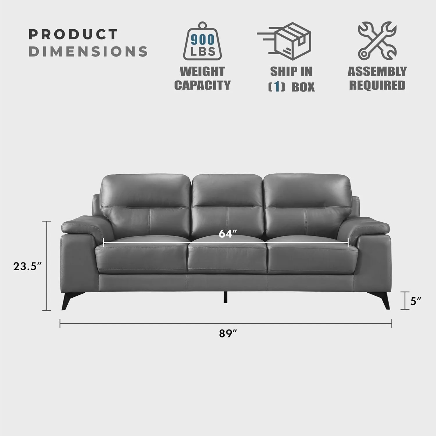 Lexicon Leather Couch, Modern Couch Sofa, Top Grain Leather Sofa, Oversized Sofa for Living Room, Bedroom, Office, Apartment, 3-Seater Couches, Dark Gray