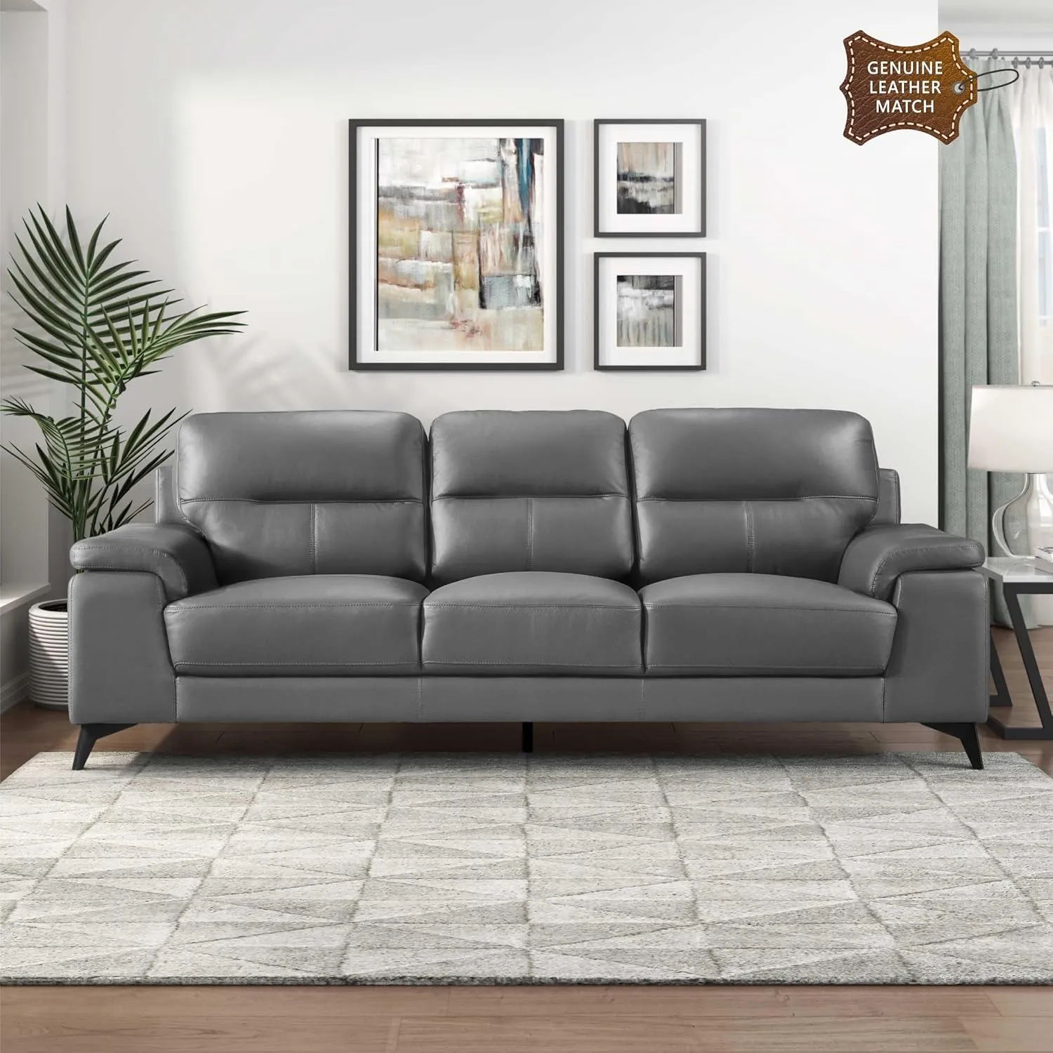 Lexicon Leather Couch, Modern Couch Sofa, Top Grain Leather Sofa, Oversized Sofa for Living Room, Bedroom, Office, Apartment, 3-Seater Couches, Dark Gray