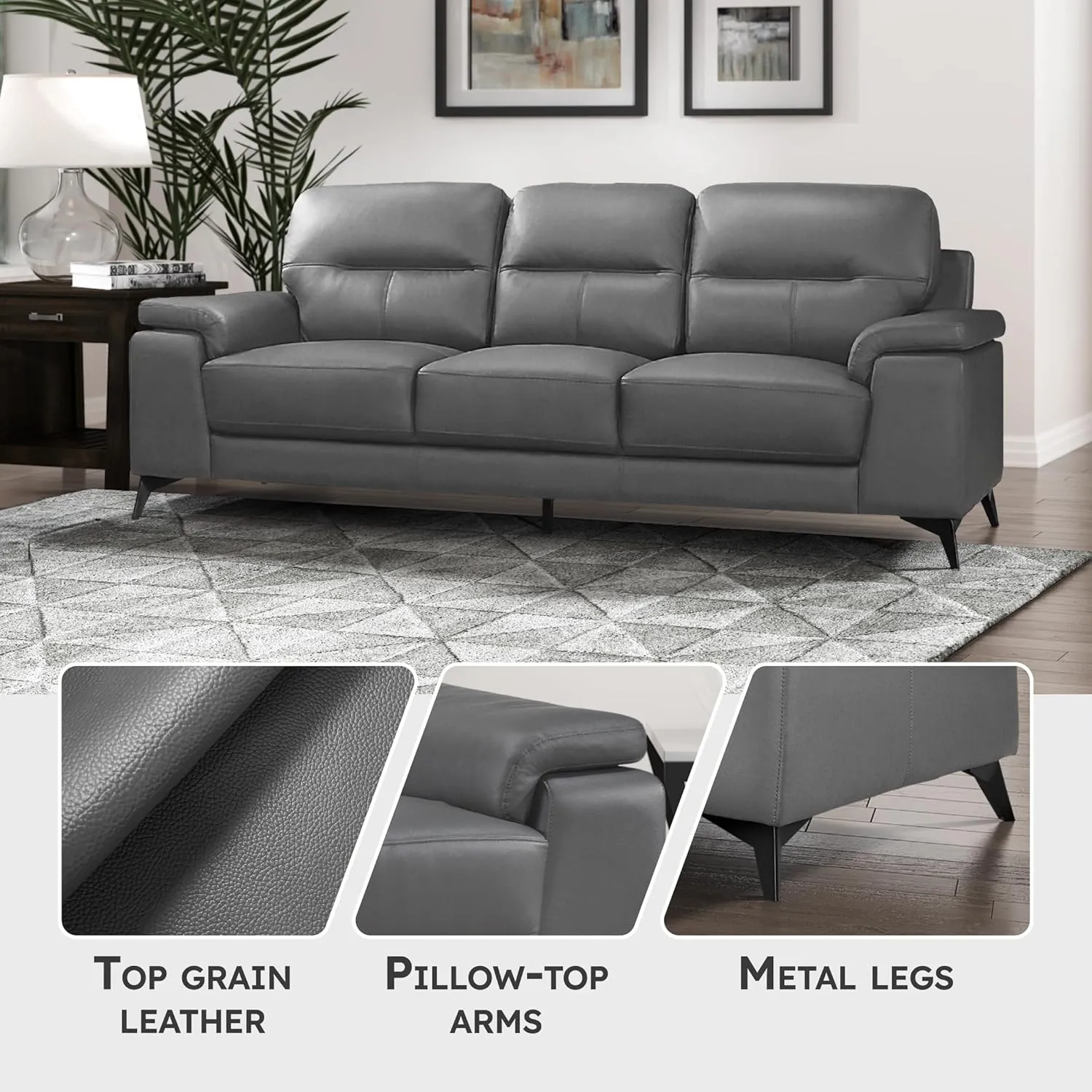 Lexicon Leather Couch, Modern Couch Sofa, Top Grain Leather Sofa, Oversized Sofa for Living Room, Bedroom, Office, Apartment, 3-Seater Couches, Dark Gray