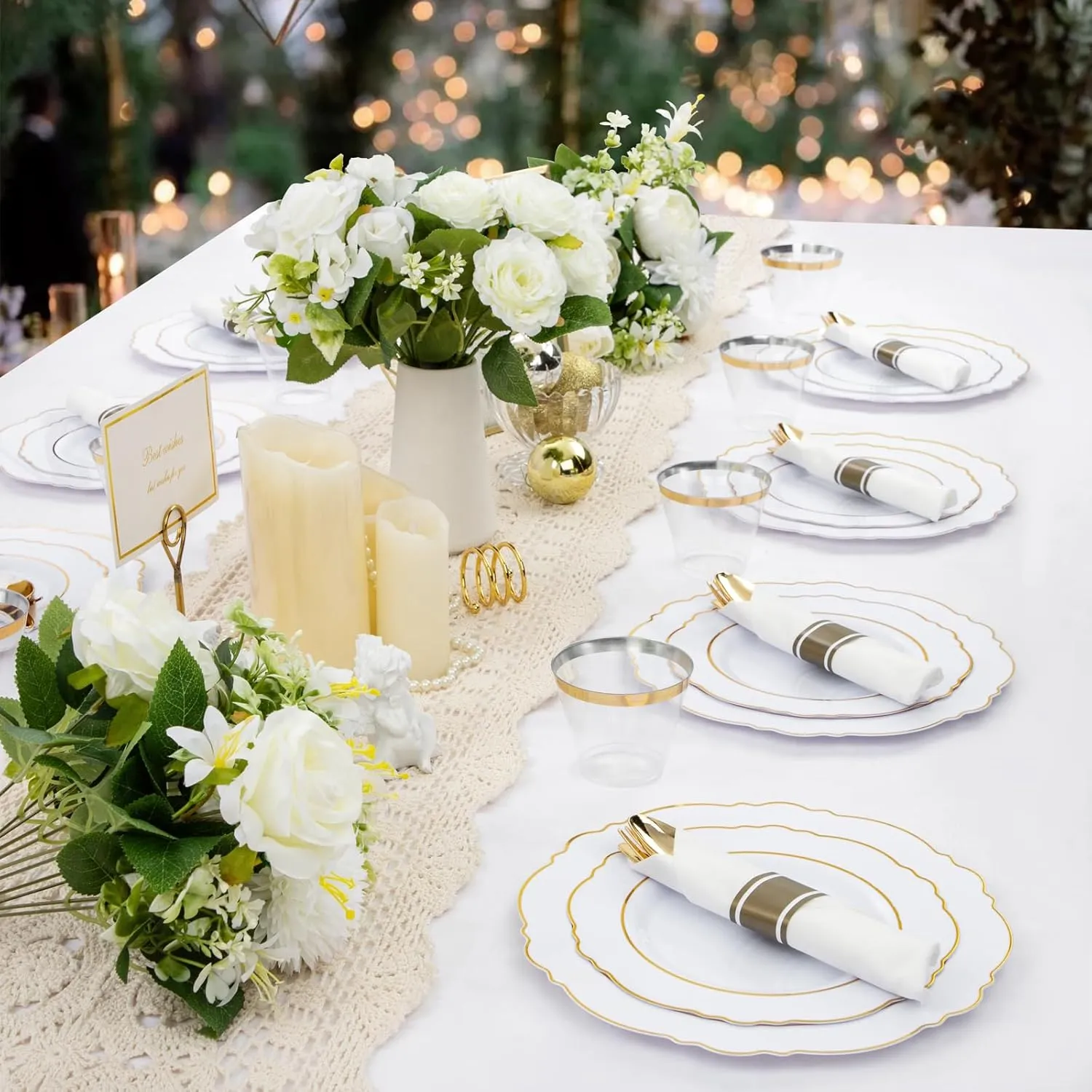 Liacere 350PCS Gold Plastic Plates-Disposable White and Gold Plates 50guest Baroque Plastic Dinnerware include 100Plates, 50Pack Pre Rolled Napkins with Silverware 50Cups for Wedding&Mother's Day