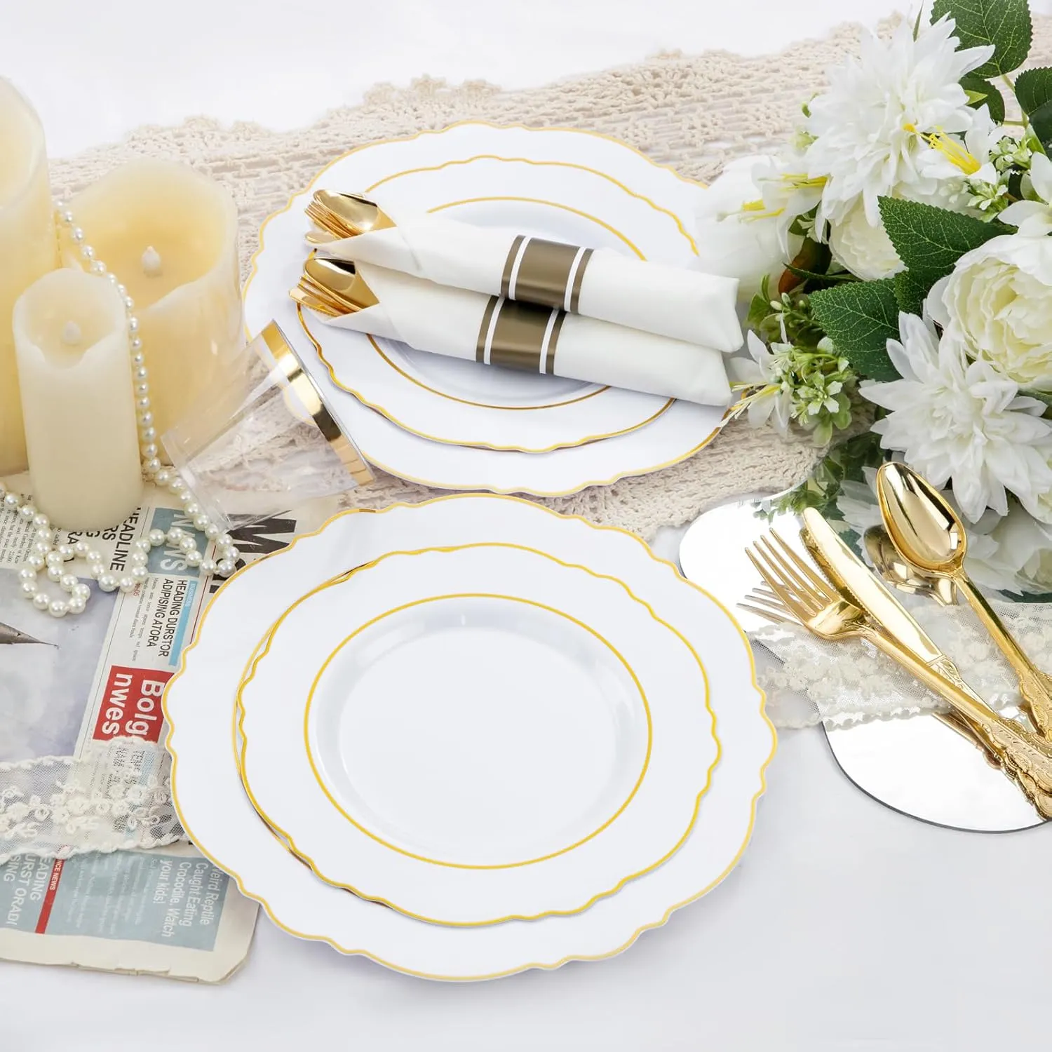 Liacere 350PCS Gold Plastic Plates-Disposable White and Gold Plates 50guest Baroque Plastic Dinnerware include 100Plates, 50Pack Pre Rolled Napkins with Silverware 50Cups for Wedding&Mother's Day