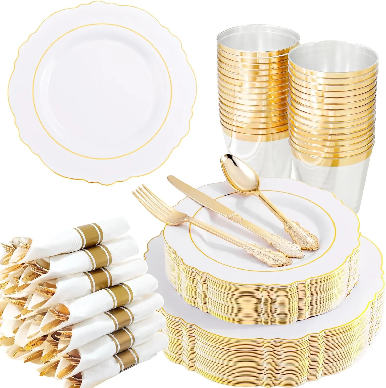 Liacere 350PCS Gold Plastic Plates-Disposable White and Gold Plates 50guest Baroque Plastic Dinnerware include 100Plates, 50Pack Pre Rolled Napkins with Silverware 50Cups for Wedding&Mother's Day