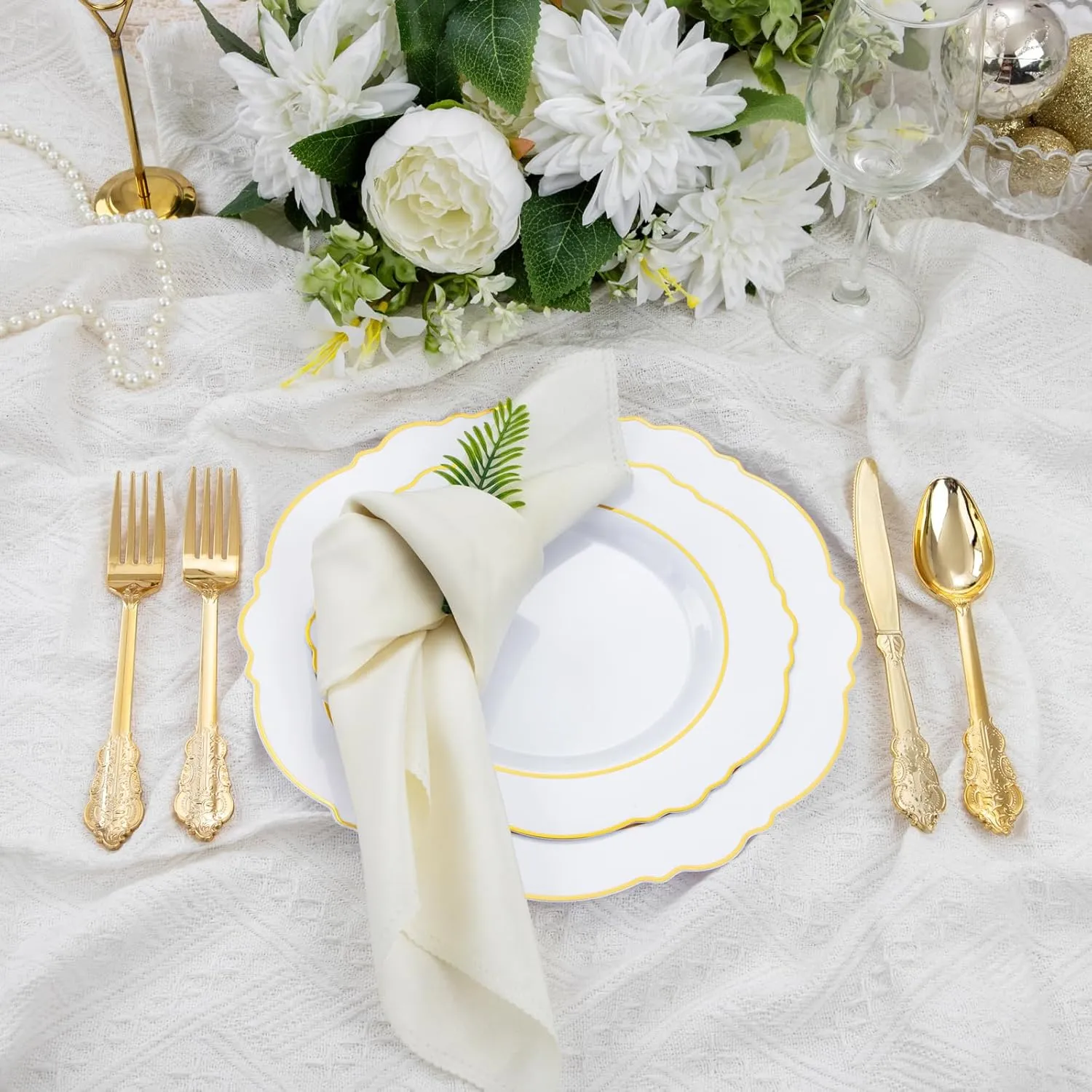 Liacere 350PCS Gold Plastic Plates-Disposable White and Gold Plates 50guest Baroque Plastic Dinnerware include 100Plates, 50Pack Pre Rolled Napkins with Silverware 50Cups for Wedding&Mother's Day