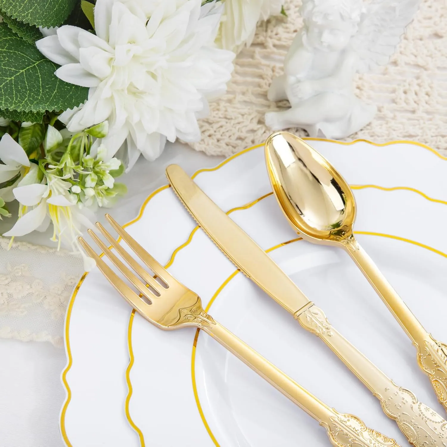 Liacere 350PCS Gold Plastic Plates-Disposable White and Gold Plates 50guest Baroque Plastic Dinnerware include 100Plates, 50Pack Pre Rolled Napkins with Silverware 50Cups for Wedding&Mother's Day