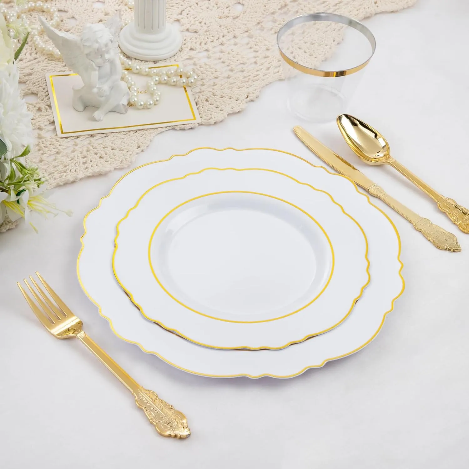 Liacere 350PCS Gold Plastic Plates-Disposable White and Gold Plates 50guest Baroque Plastic Dinnerware include 100Plates, 50Pack Pre Rolled Napkins with Silverware 50Cups for Wedding&Mother's Day