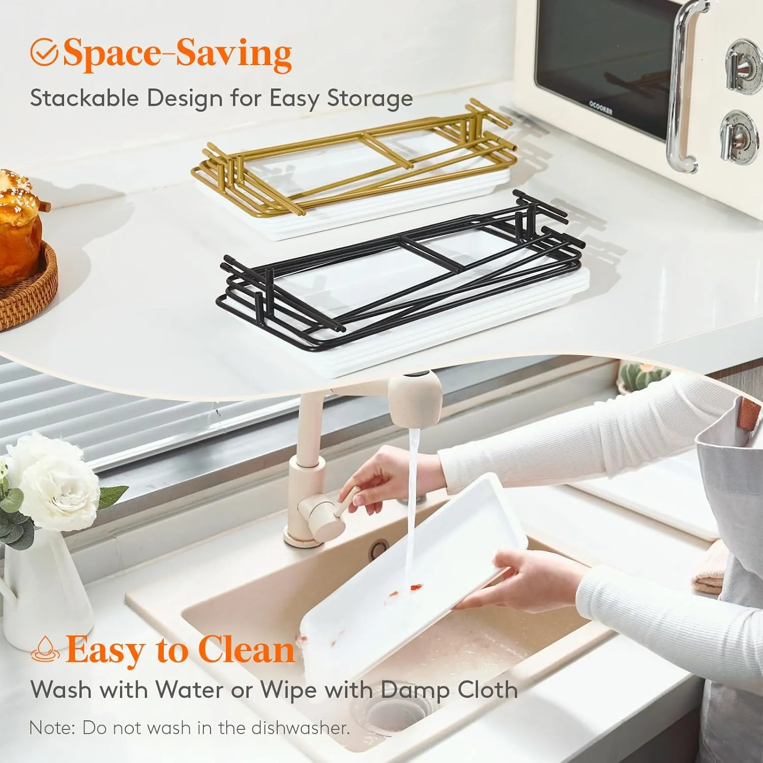 Lifewit Plastic 3 Tier Serving Tray for Party Supplies, 12" x 6.5" Crack-Proof Platters for Serving Food, White Reusable Trays with Black Metal Display Stand for Veggie, Fruit, Cookies, Dessert