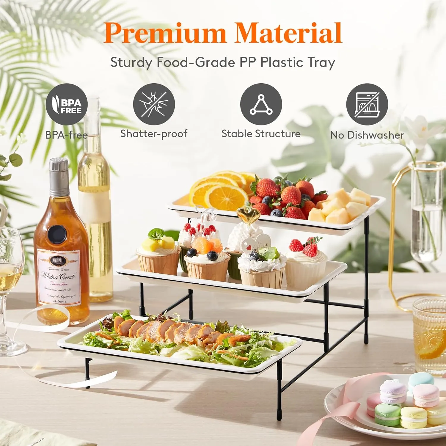 Lifewit Plastic 3 Tier Serving Tray for Party Supplies, 12" x 6.5" Crack-Proof Platters for Serving Food, White Reusable Trays with Black Metal Display Stand for Veggie, Fruit, Cookies, Dessert