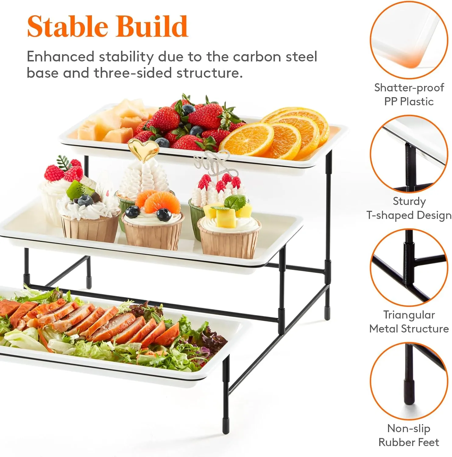 Lifewit Plastic 3 Tier Serving Tray for Party Supplies, 12" x 6.5" Crack-Proof Platters for Serving Food, White Reusable Trays with Black Metal Display Stand for Veggie, Fruit, Cookies, Dessert