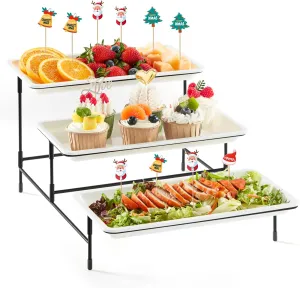 Lifewit Plastic 3 Tier Serving Tray for Party Supplies, 12" x 6.5" Crack-Proof Platters for Serving Food, White Reusable Trays with Black Metal Display Stand for Veggie, Fruit, Cookies, Dessert