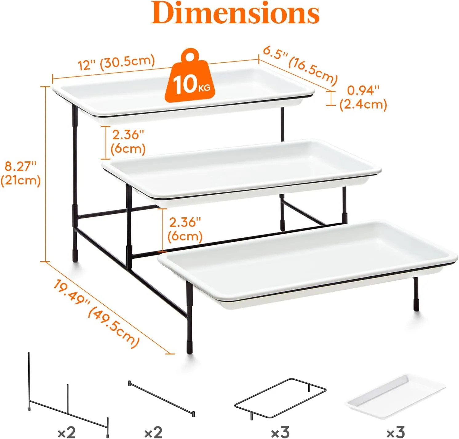 Lifewit Plastic 3 Tier Serving Tray for Party Supplies, 12" x 6.5" Crack-Proof Platters for Serving Food, White Reusable Trays with Black Metal Display Stand for Veggie, Fruit, Cookies, Dessert